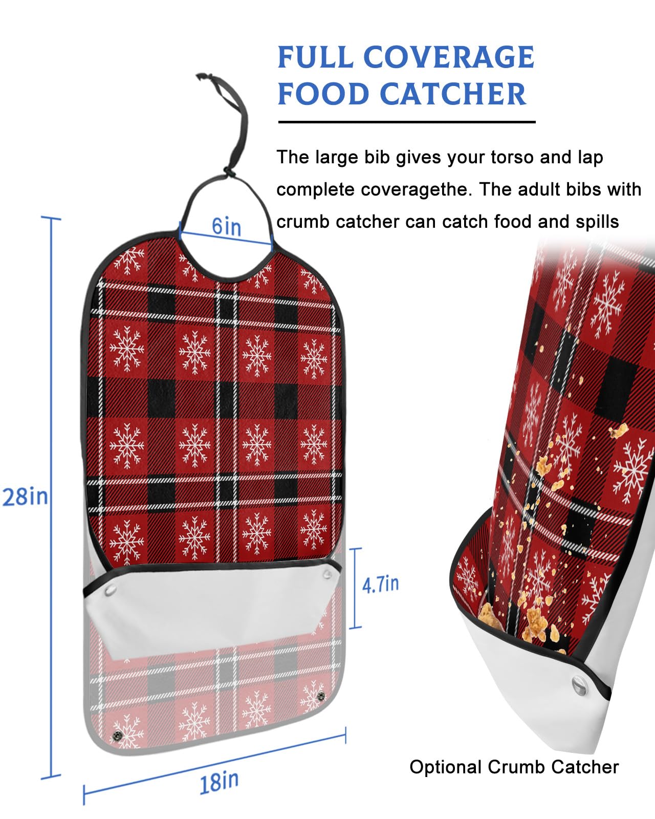 Christmas Snowflake Adult Bibs for Eating, Waterproof Bibs with Food Catcher & Adjustable Snap Closure, Red Black Plaid Winter Snowflake Washable Clothing Protectors Adult Bibs for Elderly Women/Men