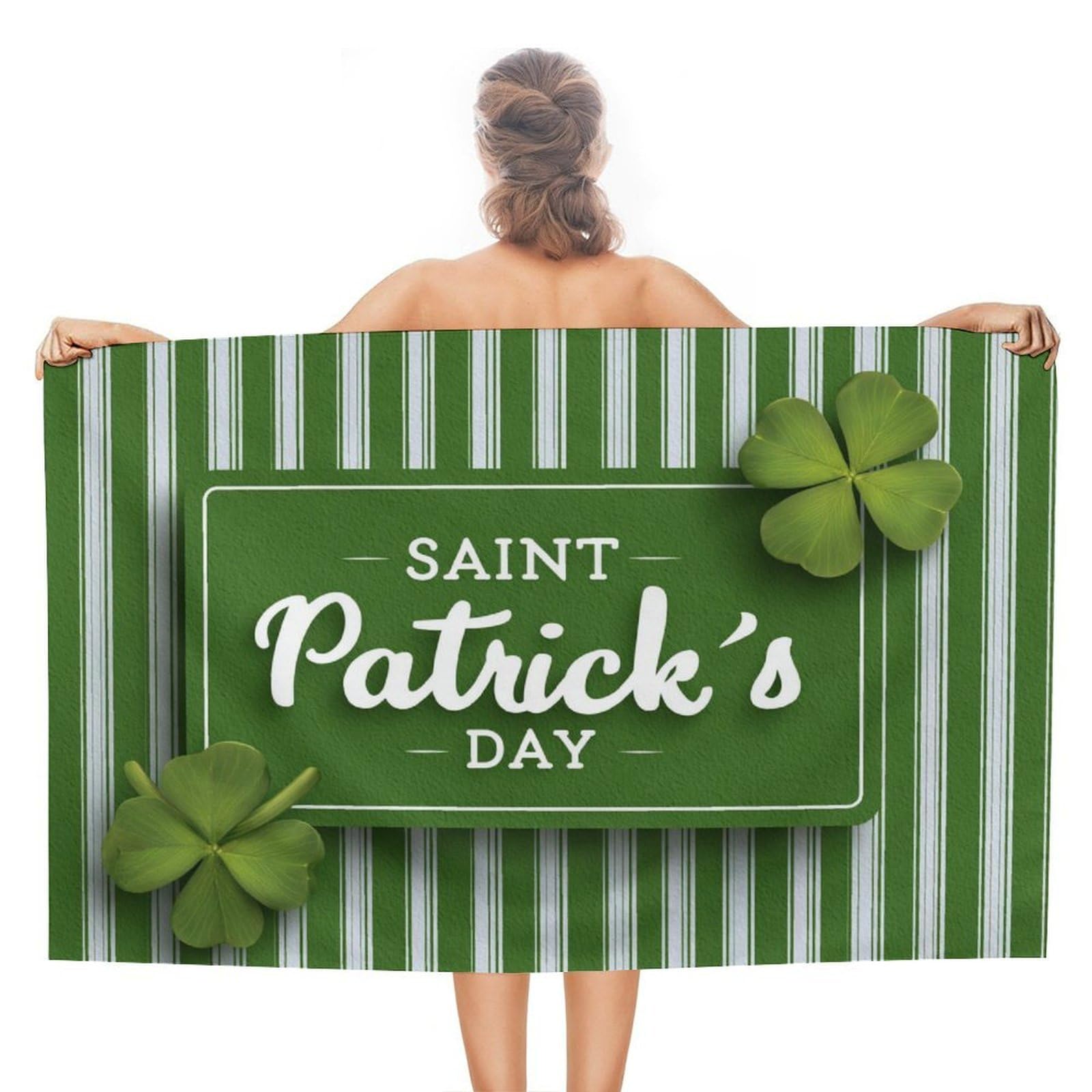 LSRCPD Saint Patrick's Day Shamrock on Green White Stripes Beach Towel Sand Free Microfiber Large Shower Towels Multipurpose Absorbent for Bathroom Pool 130x80 CM