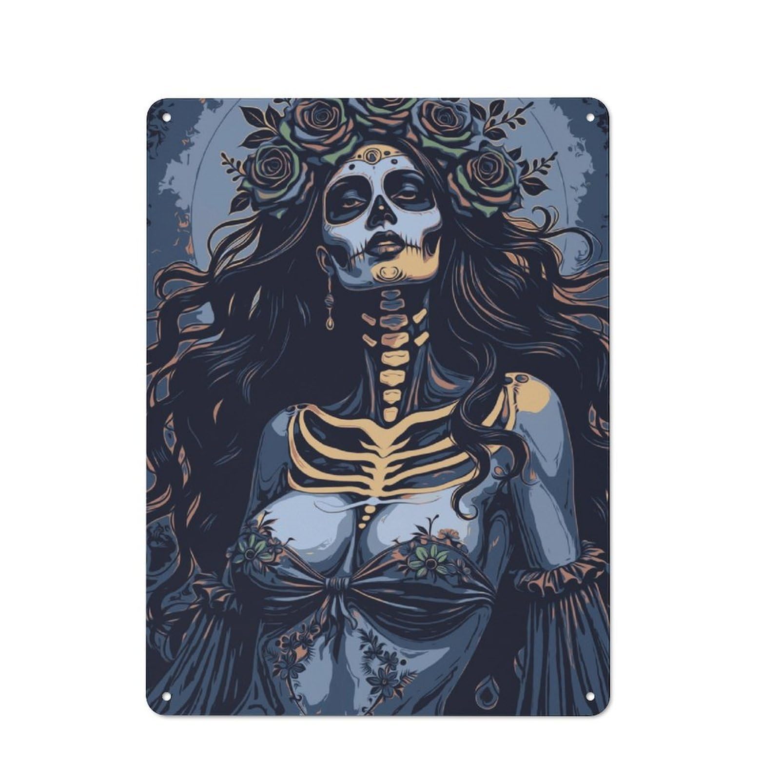 Junmoney Day Of The Dead Woman Vintage Printed Metal Sign 40X30cm For Workshop Wall, A Decorative Gift For A Newly Furnished Workshop