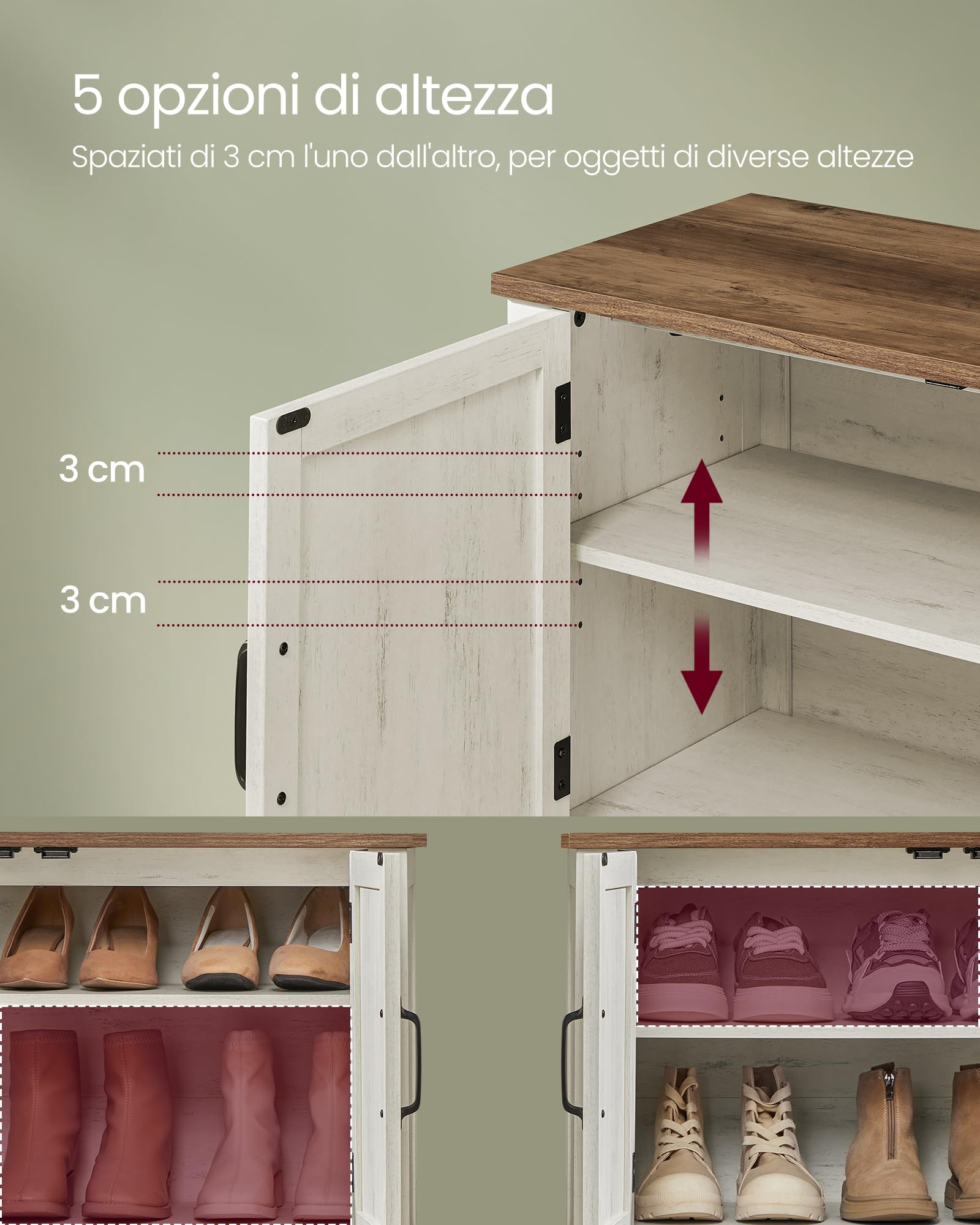 VASAGLE LIRY Collezione - Mobiletto Porta Scarpe, Scarpiera a 3 Livelli, Stile Tradizionale Americano, con Ripiano Regolabile, Manici, Gambe Robuste, Ingresso, Bianco Vintage LBC038W01