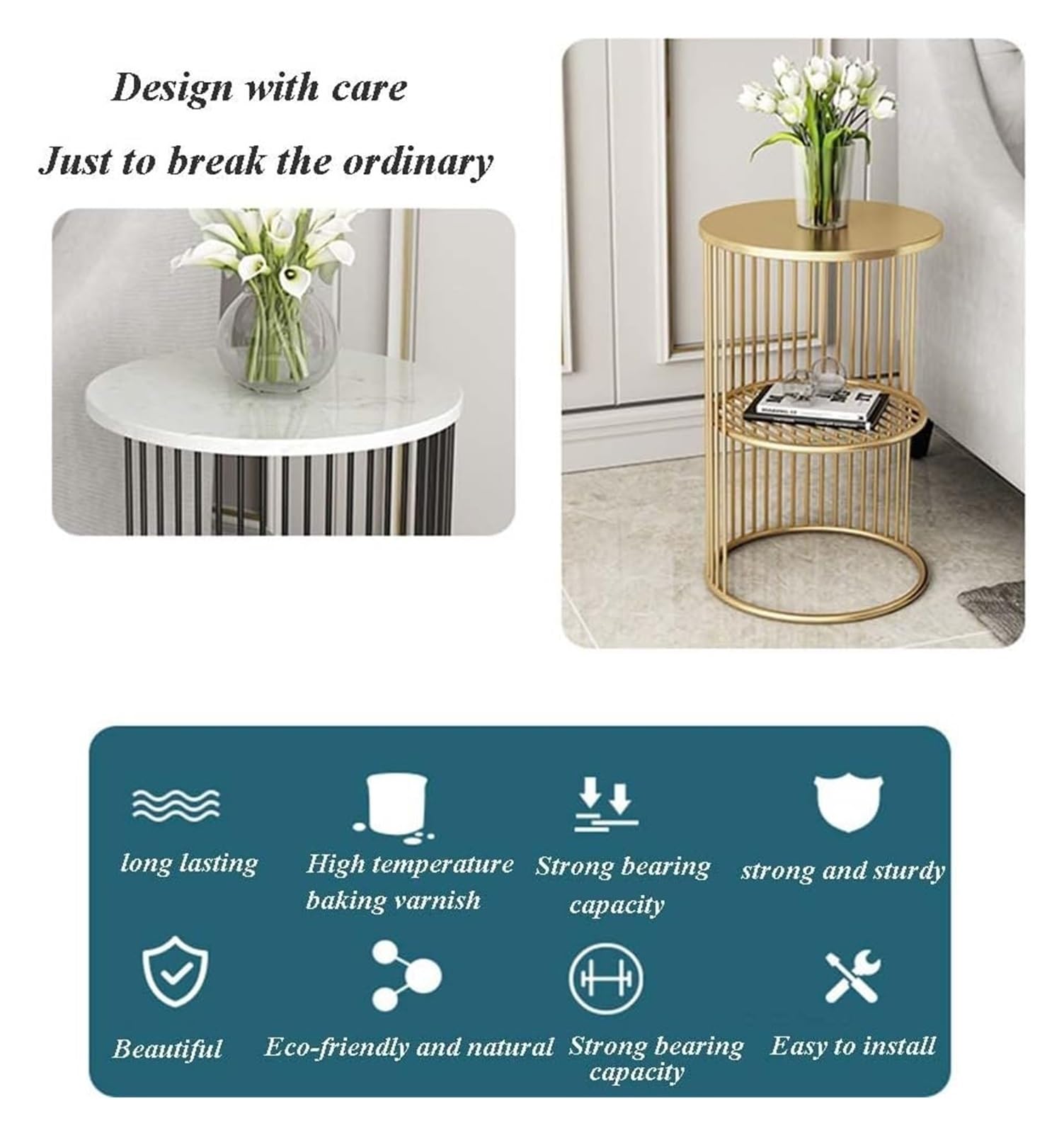 Simple Sofa Side Table, Creative End Metal Coffee High Temperature Paint Process Light Luxury Small Round Bedroom Bedside Nightstand Double-Layer Storage Space(Black)