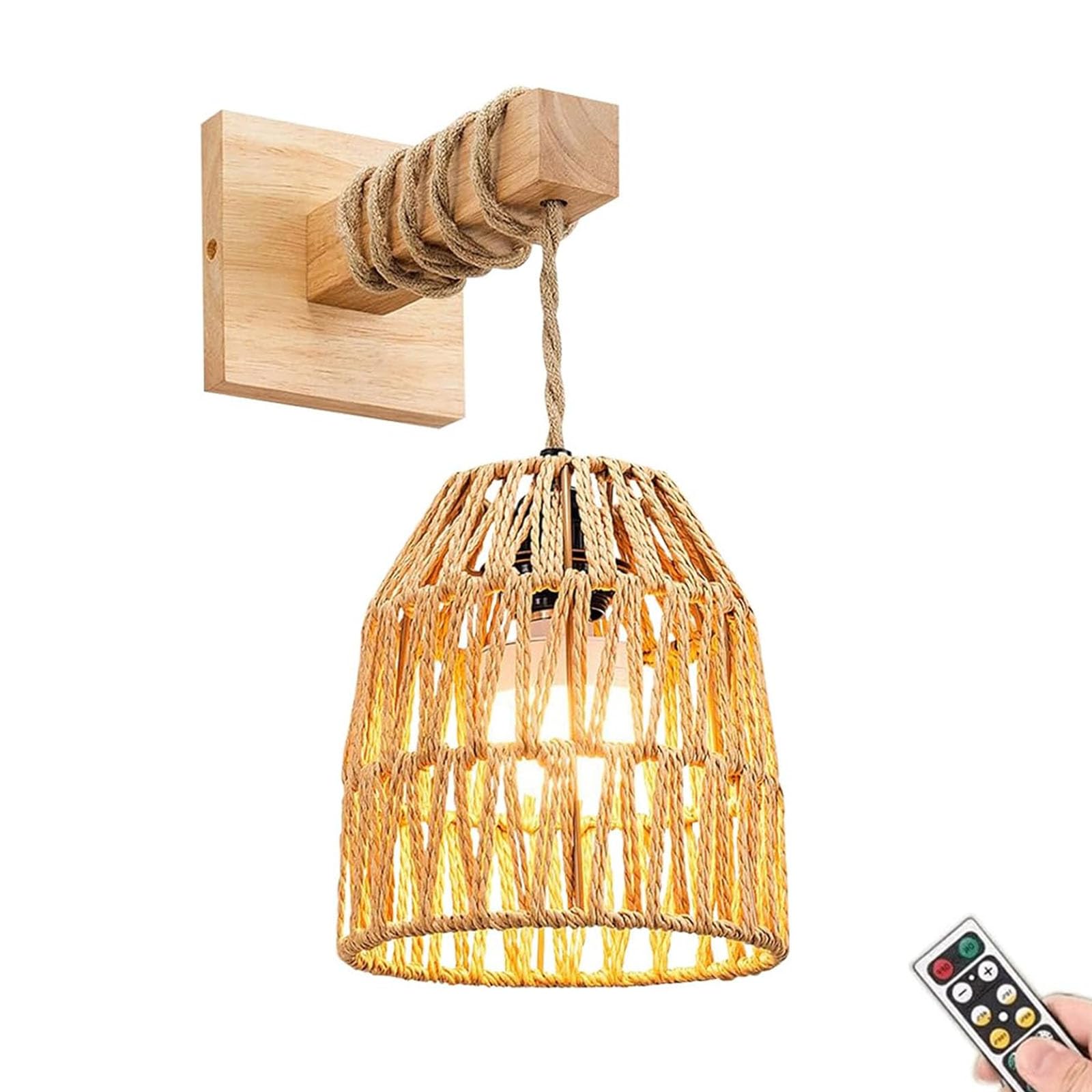 FZQSXAZU Boho Wall Sconces,Battery Rechargeable Rattan Wicker,Remote Battery Operated Light Sconces Decor Set of 2,Dimmable Wireless Lamp for Bedroom,Hallway,Entryway(Size:1pcs,Color:B)