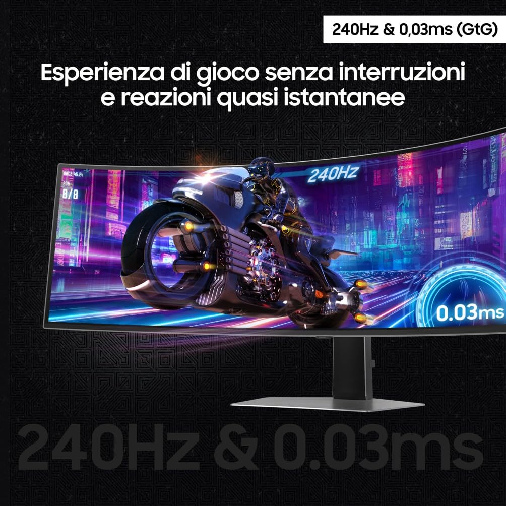 Samsung Monitor Gaming Odyssey OLED G9 (S49DG934), Curvo (1800R), 49'', 5120x1440 (DQHD), 32:9, HDR10+, QD-OLED Glare Free, 240Hz, 0,03ms (GtG), Compatibilità G-Sync, HDMI, Micro HDMI, DP