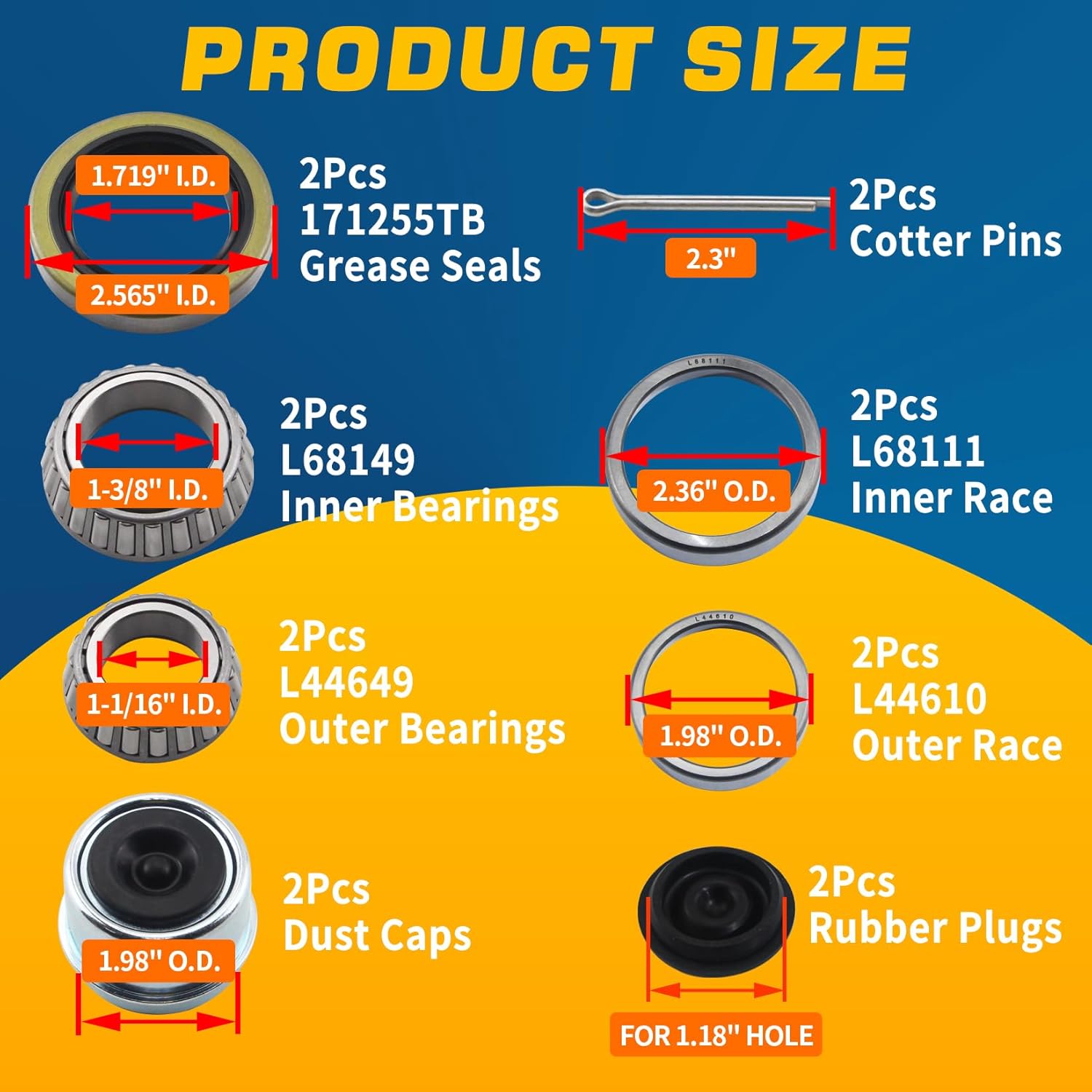 2Sets L68149 L44649 Trailer Axle Hub Bearings Kits with 171255TB Grease Seals, 1.98'' Trailer Dust Caps & Cotter Pins for 3500 lbs 1-3/8'' to 1-1/16'' #84 Spindle