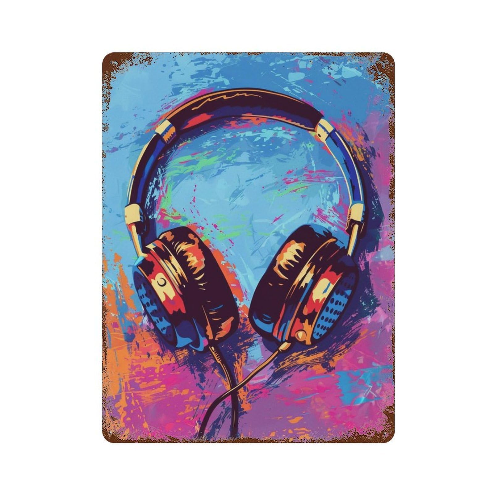 Vibrant Headphones Art Print Rustic Tin Plaque 15.7"x11.8", Ideal for Shed, Workshop And Garage Wall Decor