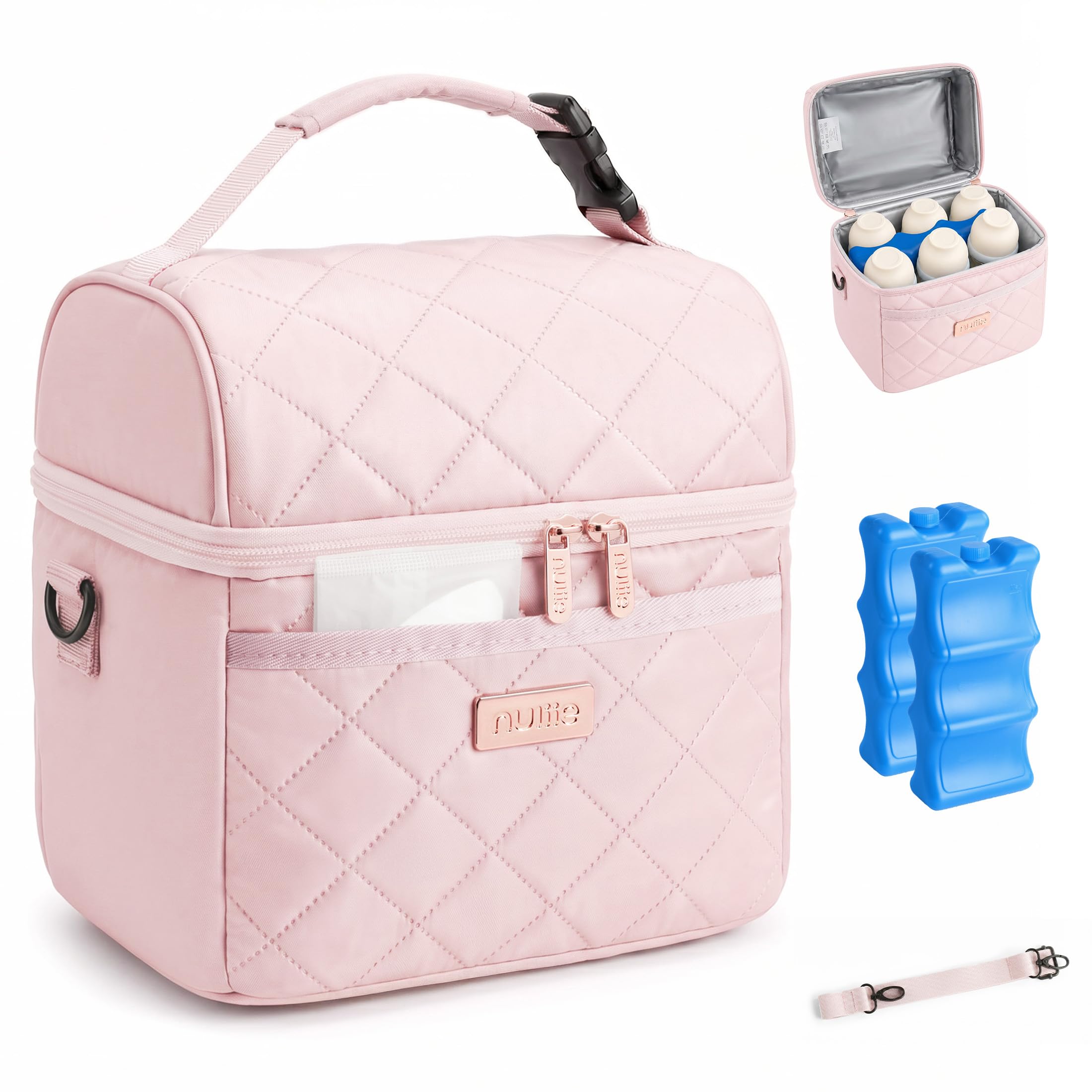Nuliie Muttermilch Kühltasche mit Eisbeutel passend für 6 Babyflaschen Rosa