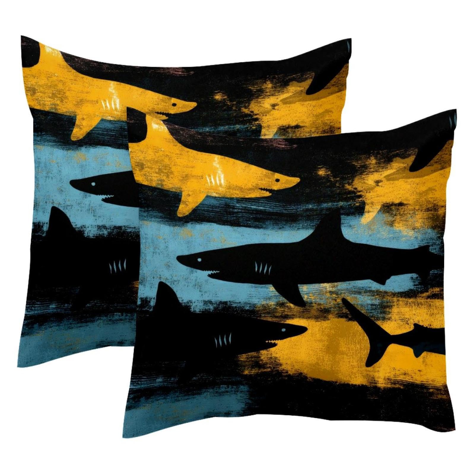 Housse de coussin décorative velours jaune noir 50x50 motif requin lot de 2