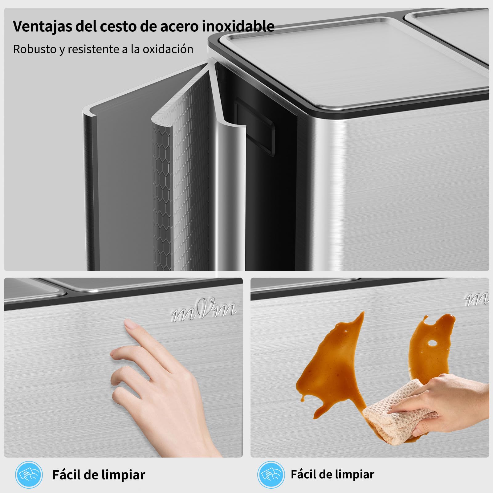 mVm Cubo de Basura para la Cocina, 2 Compartimentos 2 x 30L Cubo de Basura Cocina, Papelera Moderna y Robusta, Cierre Suave, para Cocina, Salón, Plata
