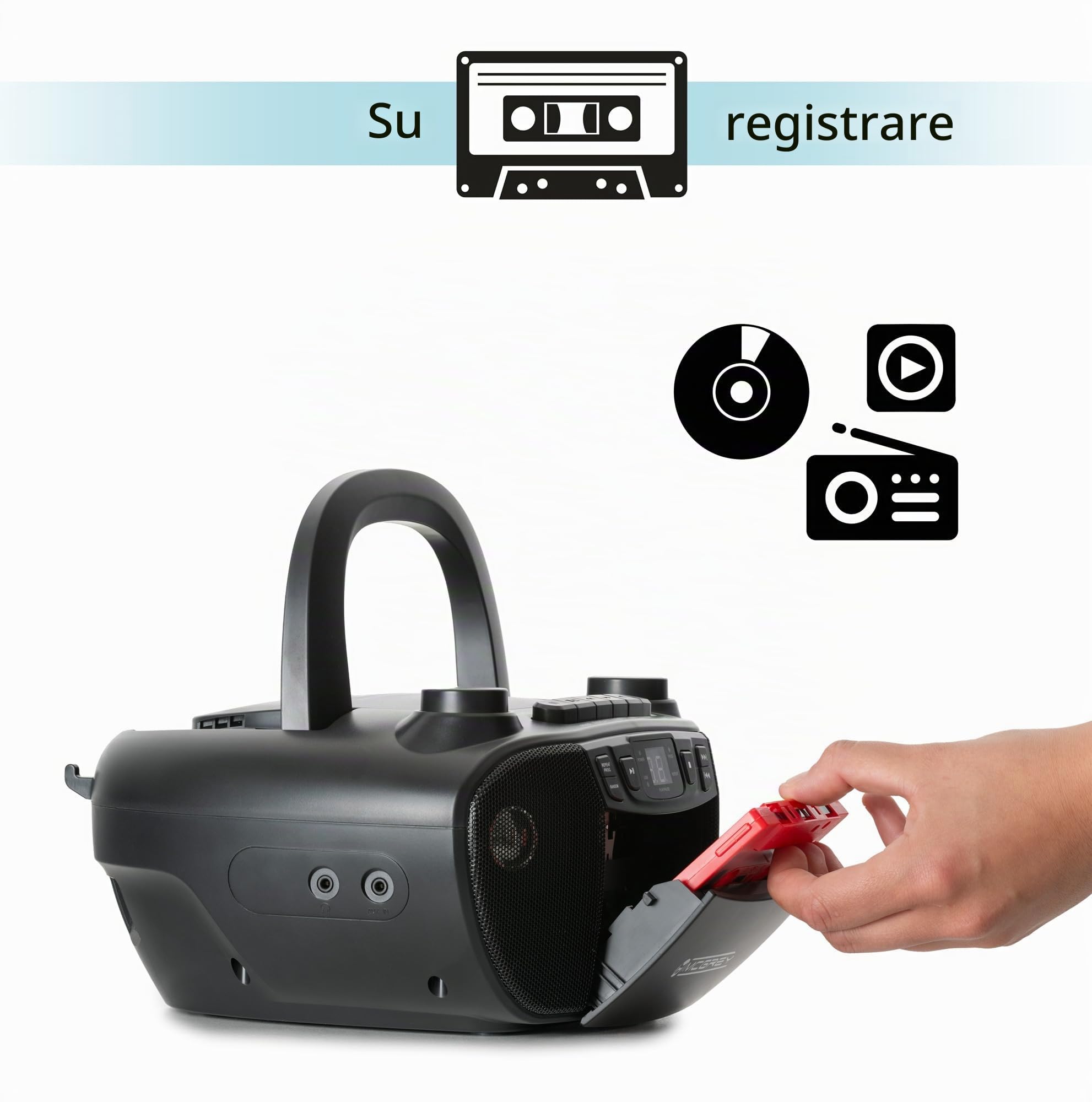 CDB-1016 BK Boombox con cassetta, lettore CD, radio portatile, registratore con ingresso AUX e uscita cuffie - Funzionamento tramite cavo o 6 batterie