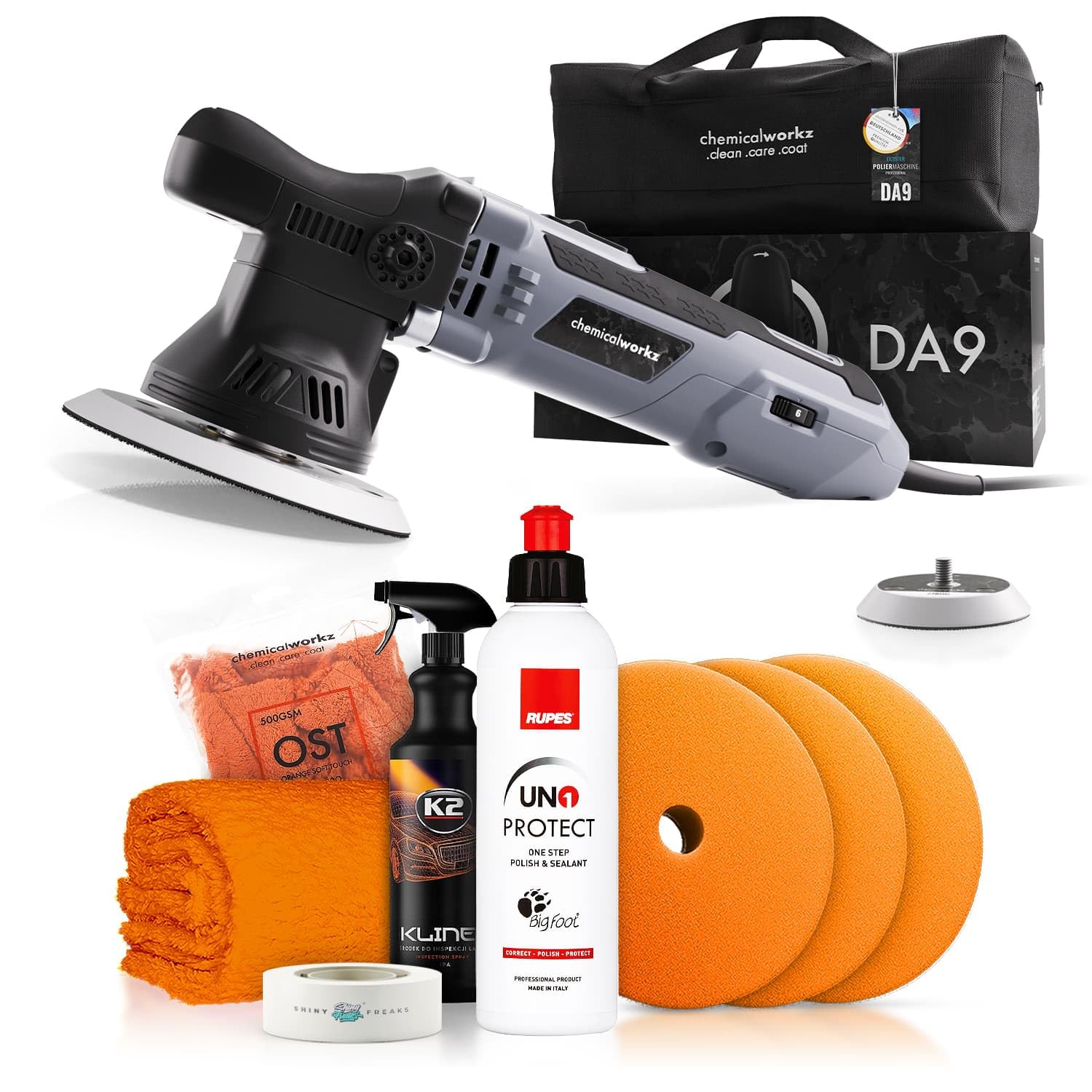 Poliermaschinen Set: chemicalworkz DA9 Exzenter Poliermaschine + Rupes One-Step Politur + Royal Pads Polierpads + Zubehör - Auto Lack Politur, Kratzer entfernen, Aufbereitung | 8-teilig