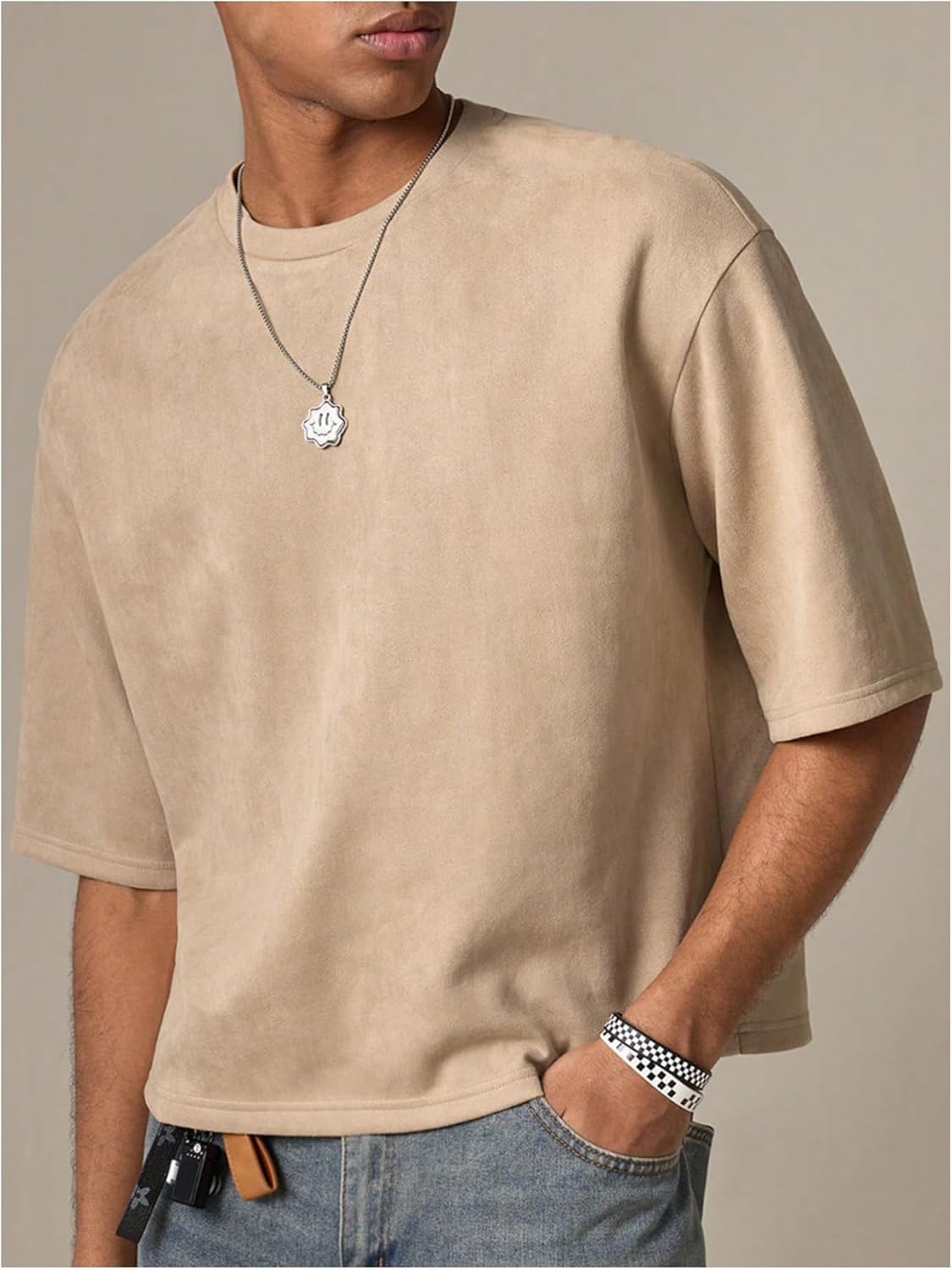 GORGLITTER Men's Cropped T Shirt Boxy Crop Tees Top Number Graphic Short Sleeve Crewneck Faux Suede Shirts Streetwear - Image 2