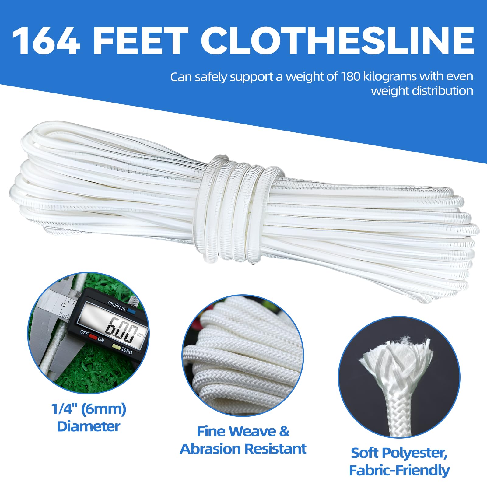 Wäscheleine Seilzug Kit, 50m Polyester Wäscheleine Seil Outdoor | Wäscheleine Seilzug Kit, mit S Separator Spreizer, Seilspanner, Haken für Kleidung, Wäscheleine Kit Outdoor