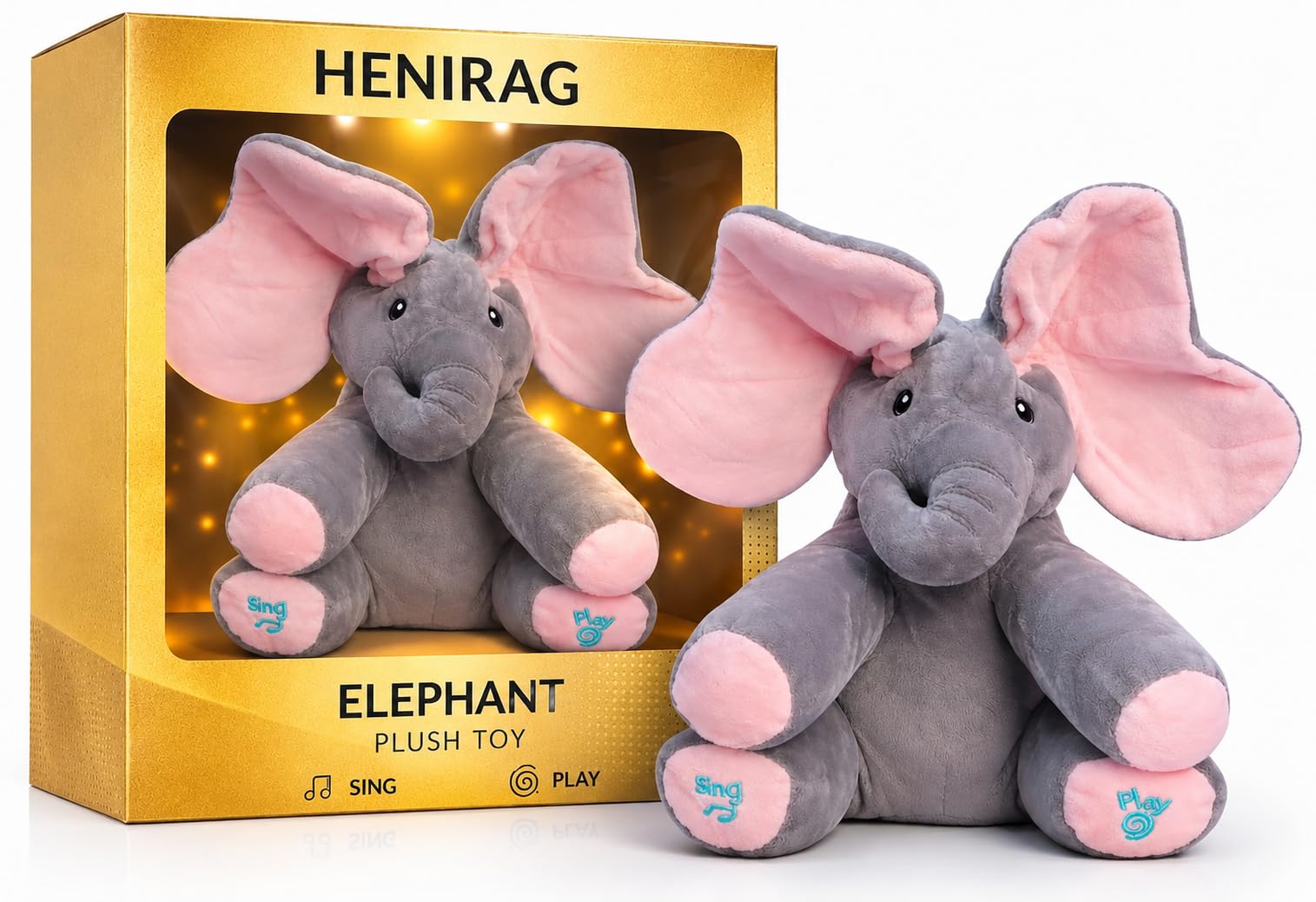 HENIRAG Elephant Soft Toy with Moving Ears and Music Button, Peekaboo Plush Toy for Babies Peek-a-Boo Toddlers and Kids Musical Soft Plush Elephant Toy with Flappy Ears Cuddly Teddy for Boys & Girls