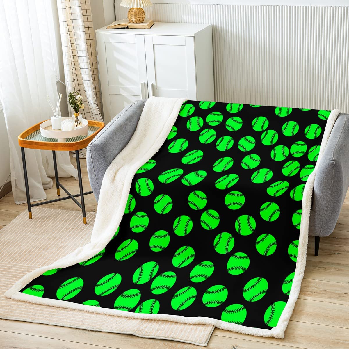Coperta da baseball Sherpa per gioco sportivo in pile coperta da baseball da gioco verde neon coperta in peluche per la camera da letto dei bambini decorazione softball calda coperta sfocata regina
