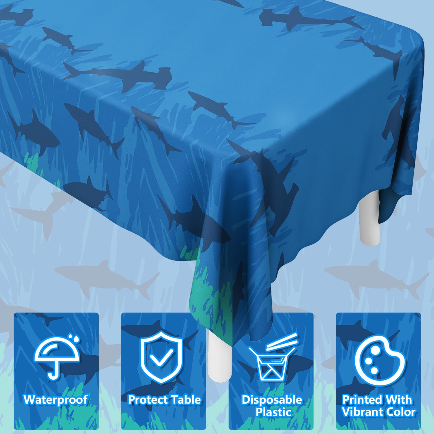 Tovaglia Per Feste A Tema Squalo WERNNSAI - Blu Mare, 137x274 Cm, Plastica Resistente, Decorazione Compleanno Bambini - 2
