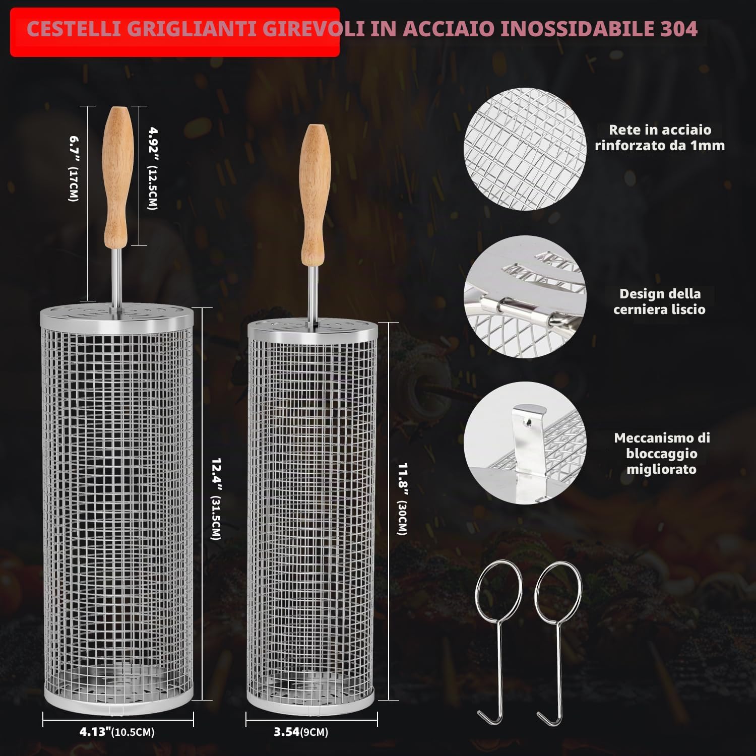 Cestelli per Barbecue in Acciaio Inossidabile Accessori Barbecue (2PCS), Manico in Legno Rimovibile, per Verdure Carne Cibo di Mare, Regali di Compleanno per Uomini, Papà, Marito