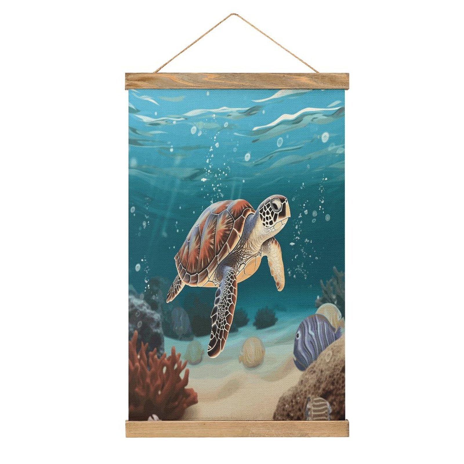 FekiLoot Sea Turtle Swimming Linen Hanging Painting Vintage Poster Hanger Frame Wall Decor Art Painting Printed on Linen Without Fading Living Room Office Bedroom Playroom Apartment Decor