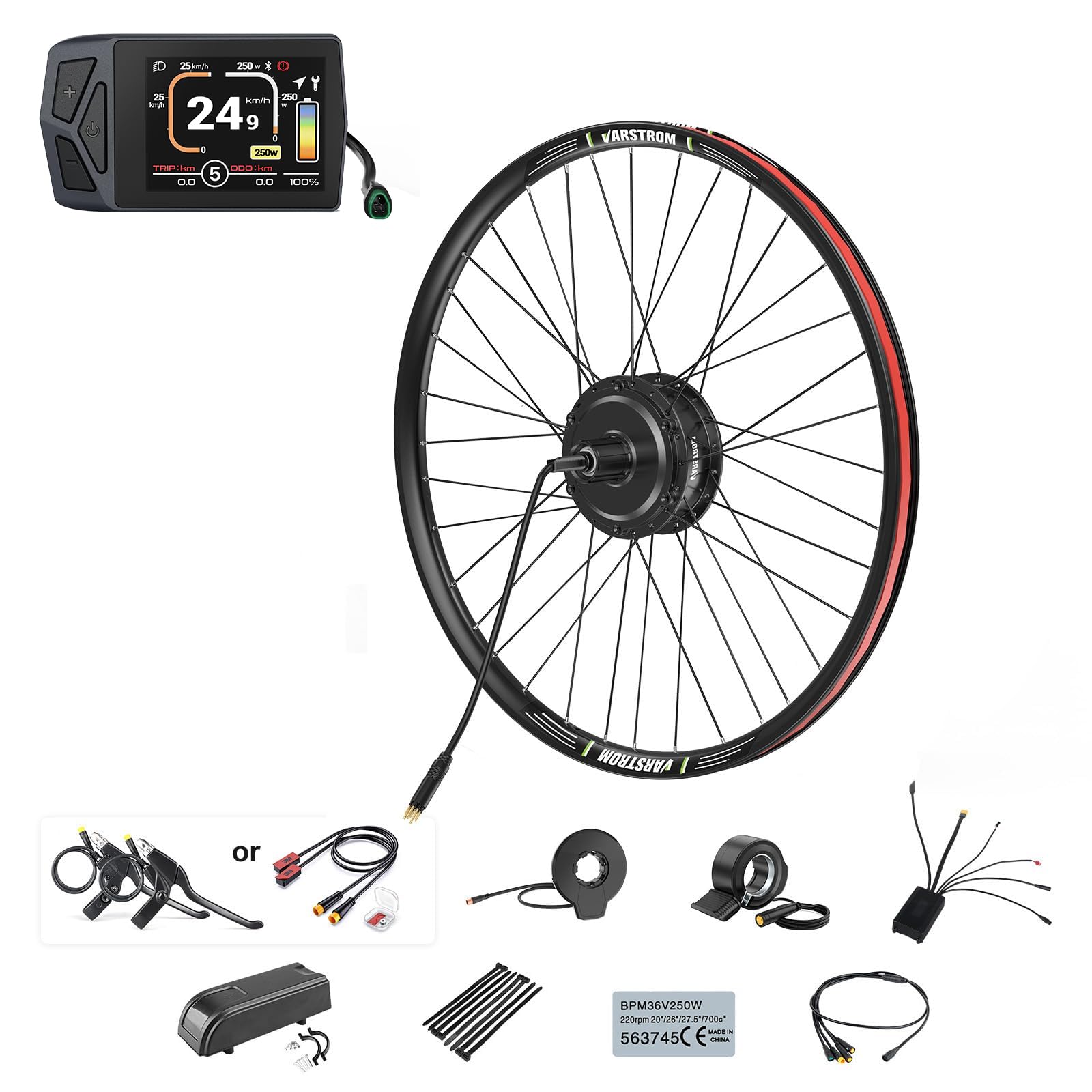Varstrom 36V 250W Electric Bike Conversion Kit – Rear Hub Brushless Motor EBike Conversion Kit for 26" with Upgraded Controller, EKD01 Display & PAS Sensor for MTB (No Battery)