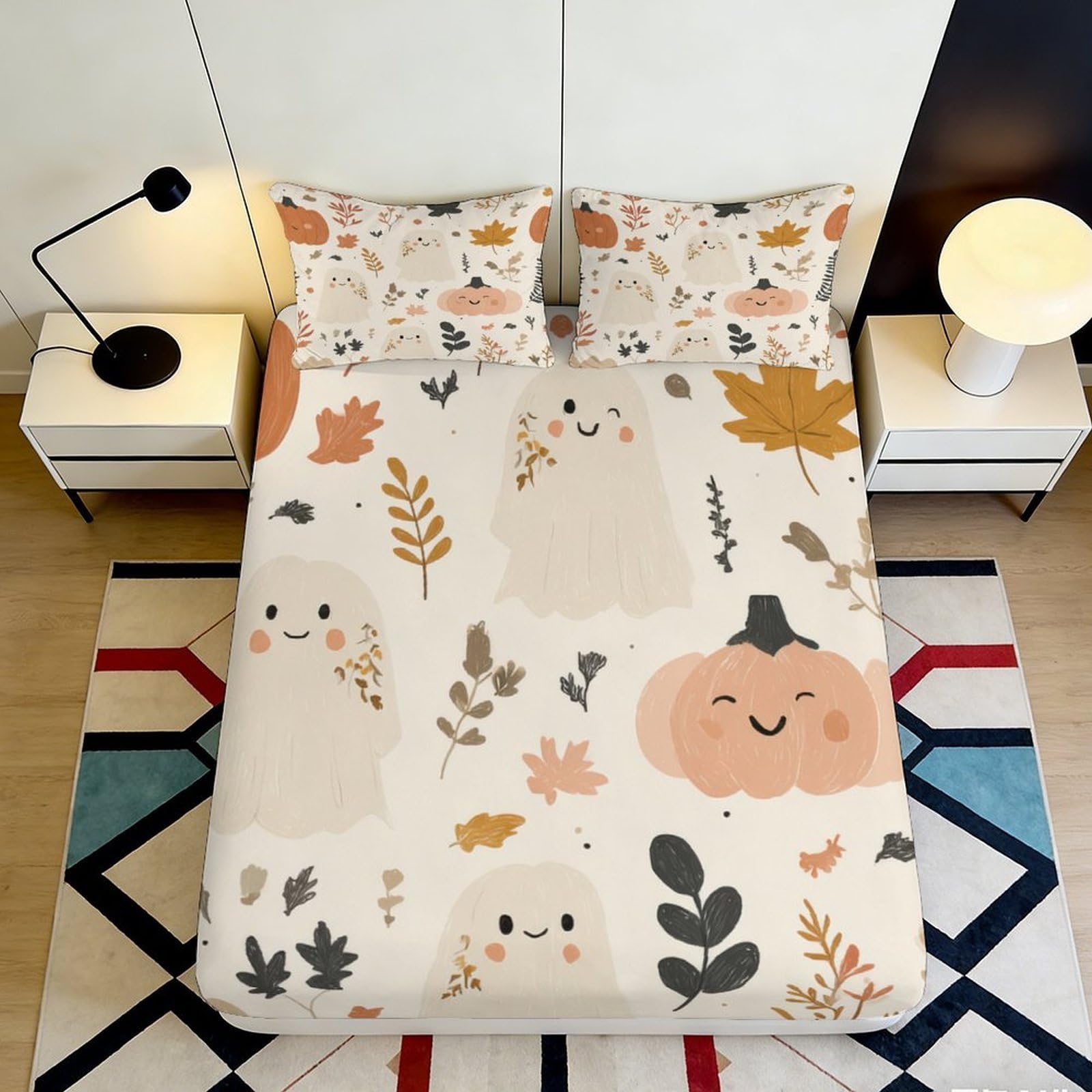 Pnayamiorkfel Style-2 3D Printed Cute Ghost Pumpkin Fitted Sheet Microfiber Soft Autumn Leaves Bed Cover For Bedroom Dorm Decor 90X200x25cm