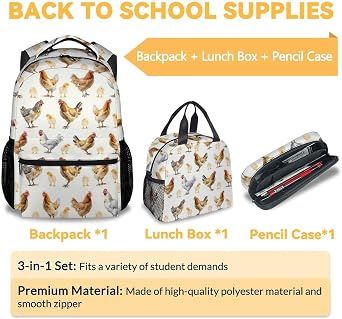 Chicken School Backpack for Kids - 16 Inch Blue Backpacks for Girls Boys - Lightweight Cartoon Bookbag for Travel