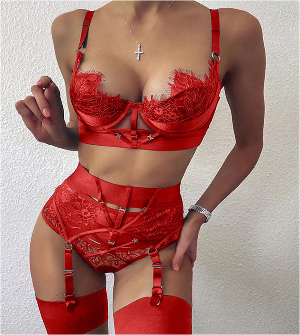 Mllm Women's Red Lace Garter Lingerie Set,Bodytric Strap Lace, Sexy Underwear Set-_S,Sexy Lingerie Babydoll