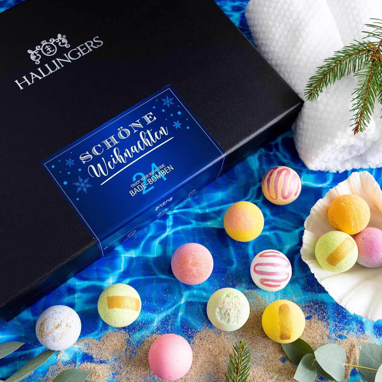 Hallingers Genuss Manufaktur Badebomben Weihnachts-Geschenk-Set - 24x Badekugeln Bath Bombs in edler Geschenkbox, Frauen Badeperlen-Wellness & Spa "Schöne Weihnachten", Weihnachten für Frauen Männer
