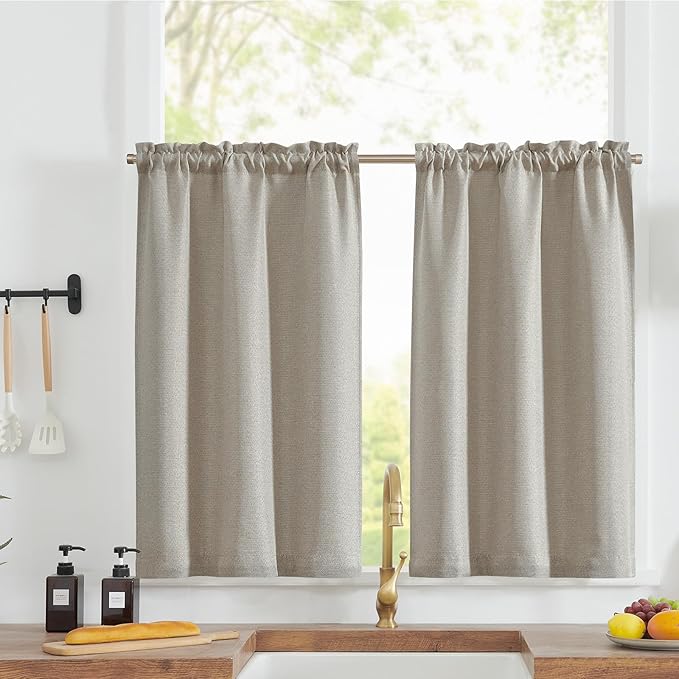 TOPICK Tenda a righe in lino con strisce, opaca, per cucina, sala da pranzo, bagno, piccola finestra, 65 x 90 H (cm) marrone su beige