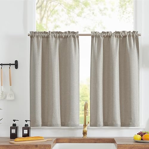 jinchan Linen Textured Kitchen Tier Curtains 36 Inch for Bathroom Living Room Farmhouse Cafe Rustic Window Treatments Room Darkening Rod Pocket 2 Panels Beige