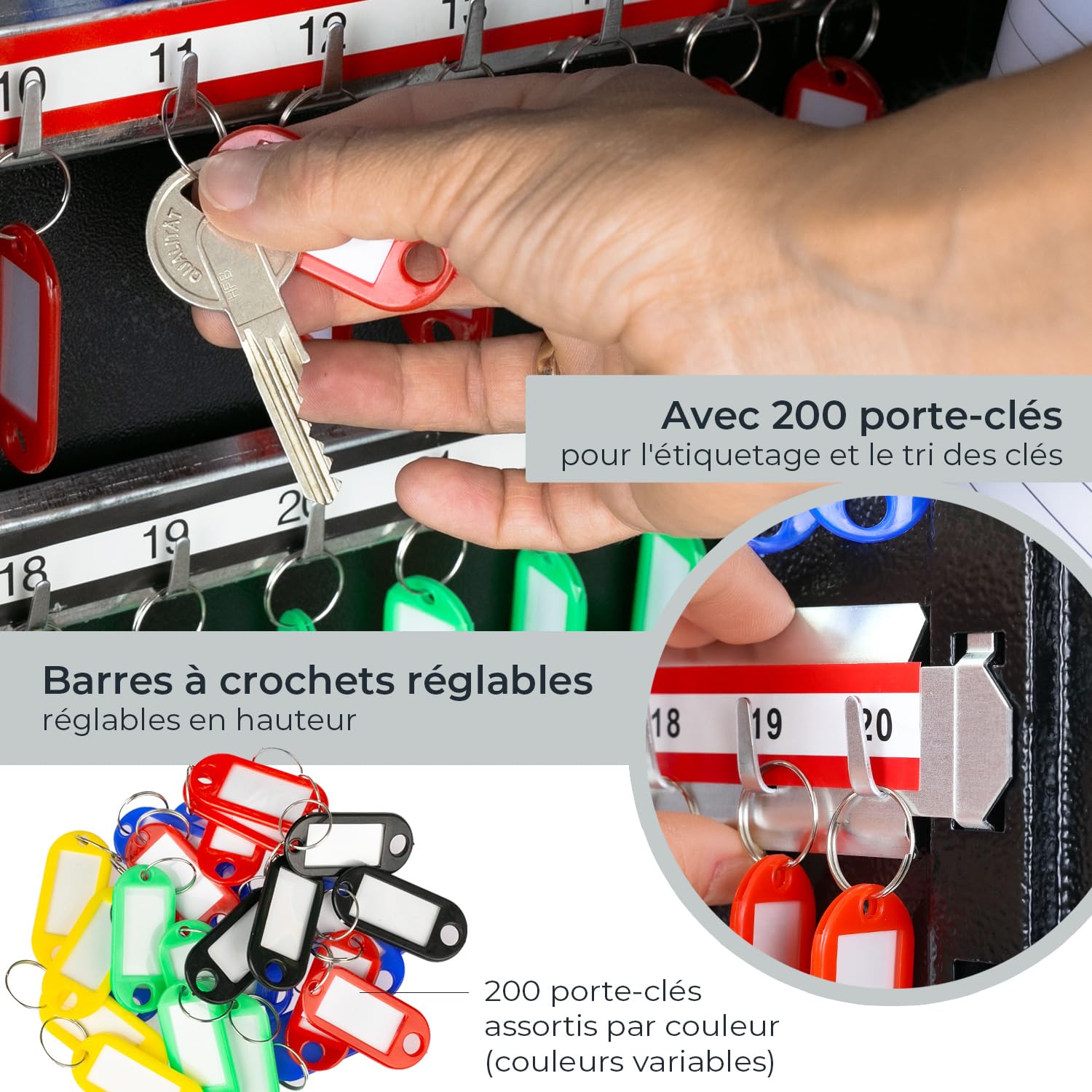 HMF Armoire à clés Grande capacité en Acier, Boite a Clef Murale verrouillable pour Bureau, Administration ou Parc Automobile | 200 Crochets à clés | 55 x 38 x 14 cm | Noir