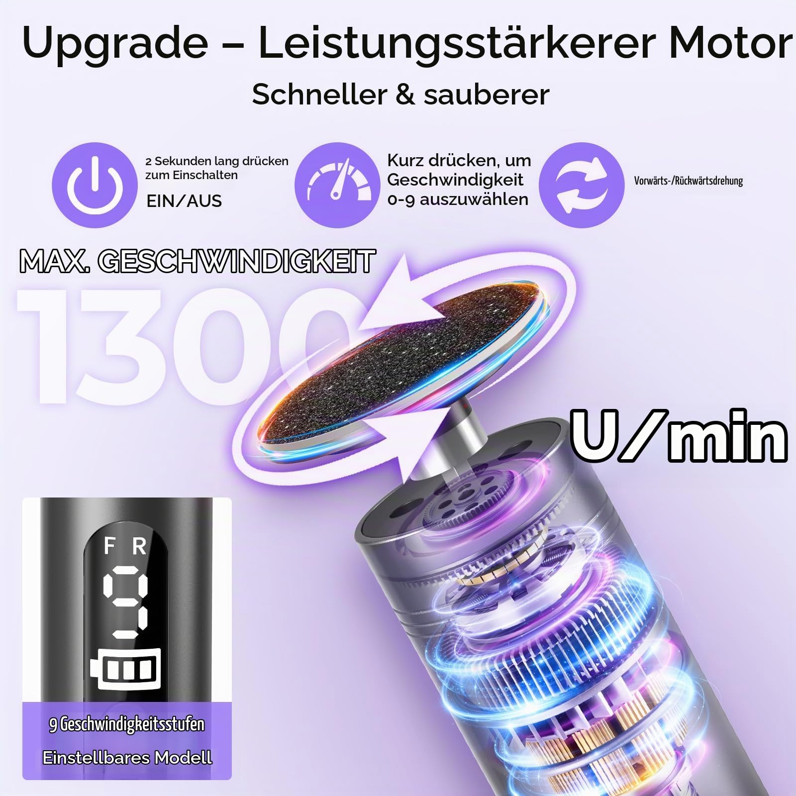 Hornhautentferner Elektrisch 2-IN-1, 9 Geschwindigkeiten Elektrischer Hornhautentferner, Wiederaufladbar mit Type-C, Pediküre Fußpflege Set Elektrisch für Tote Harte Rissige Haut