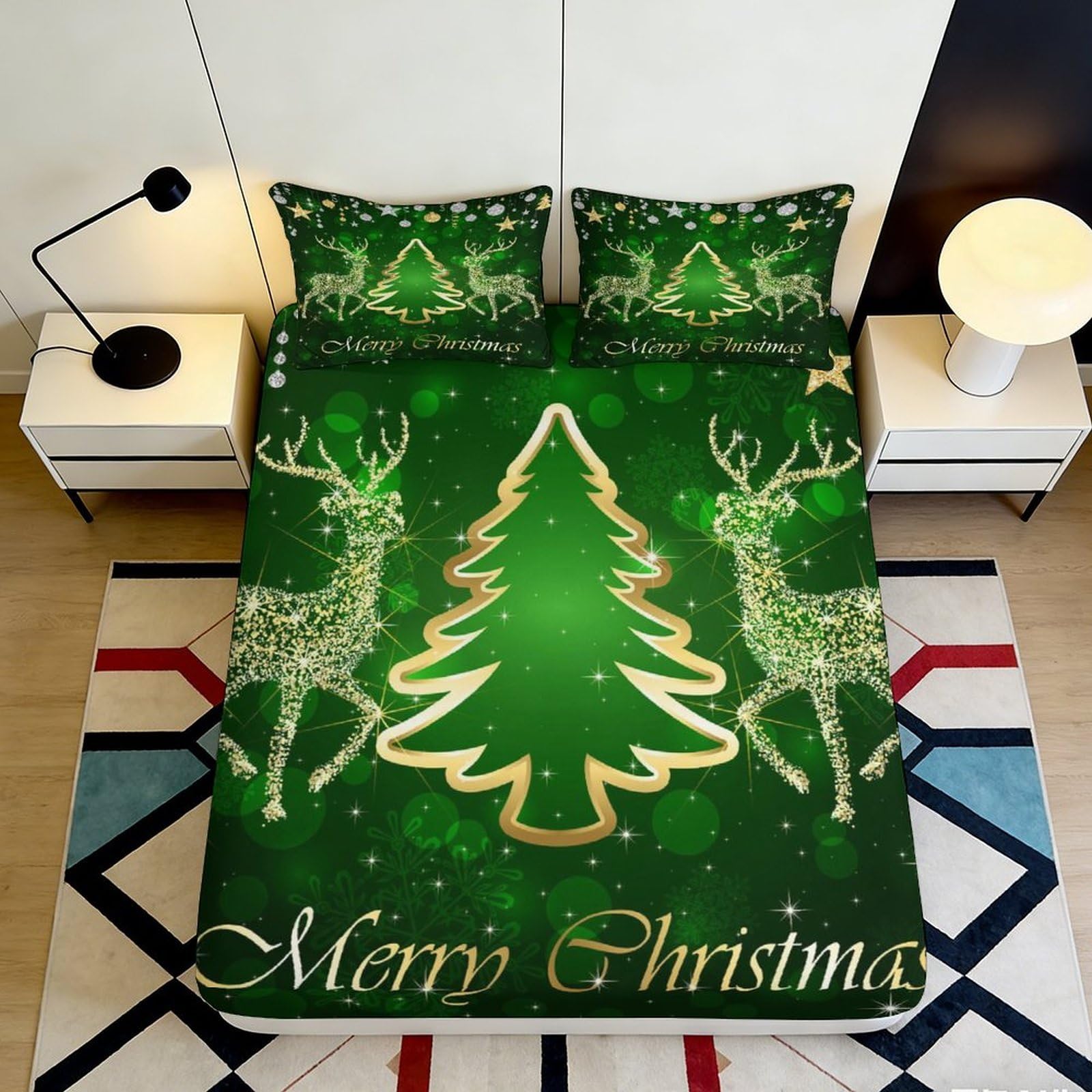 3D Printed Christmas Tree Fitted Sheet Microfiber Soft Breathable Reindeer Bed Cover for Bedroom Dormitory Guest Room Mattress Protection Decor 180x200x25cm