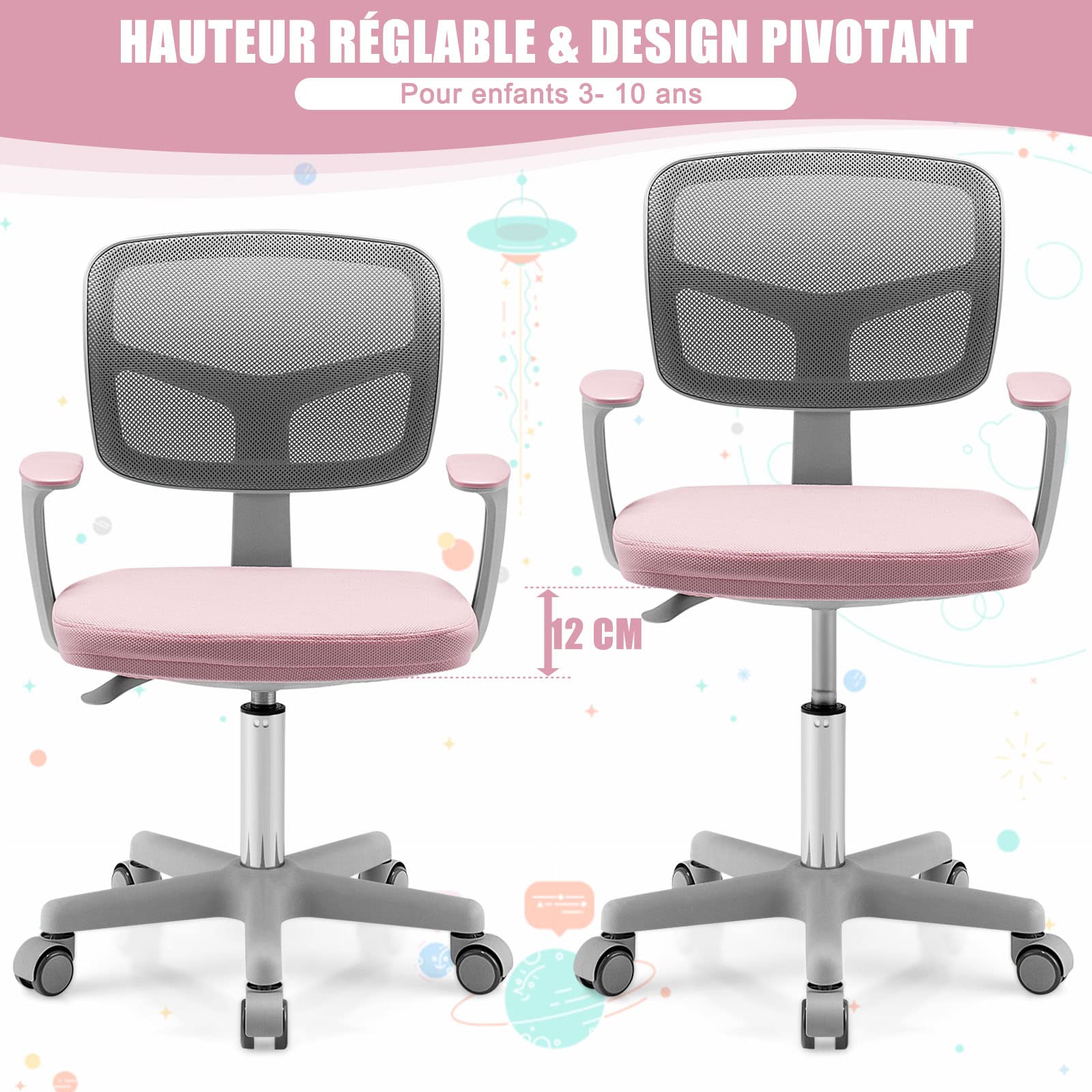 GOPLUS Chaise de Bureau pour Enfant, Chaise d’Étude avec Dossier Ergonomique et Siège Pivotant à 360°, Hauteur Réglable, pour Chambre d’Enfant, Capacité de Charge Max 150 Kg (Rose)