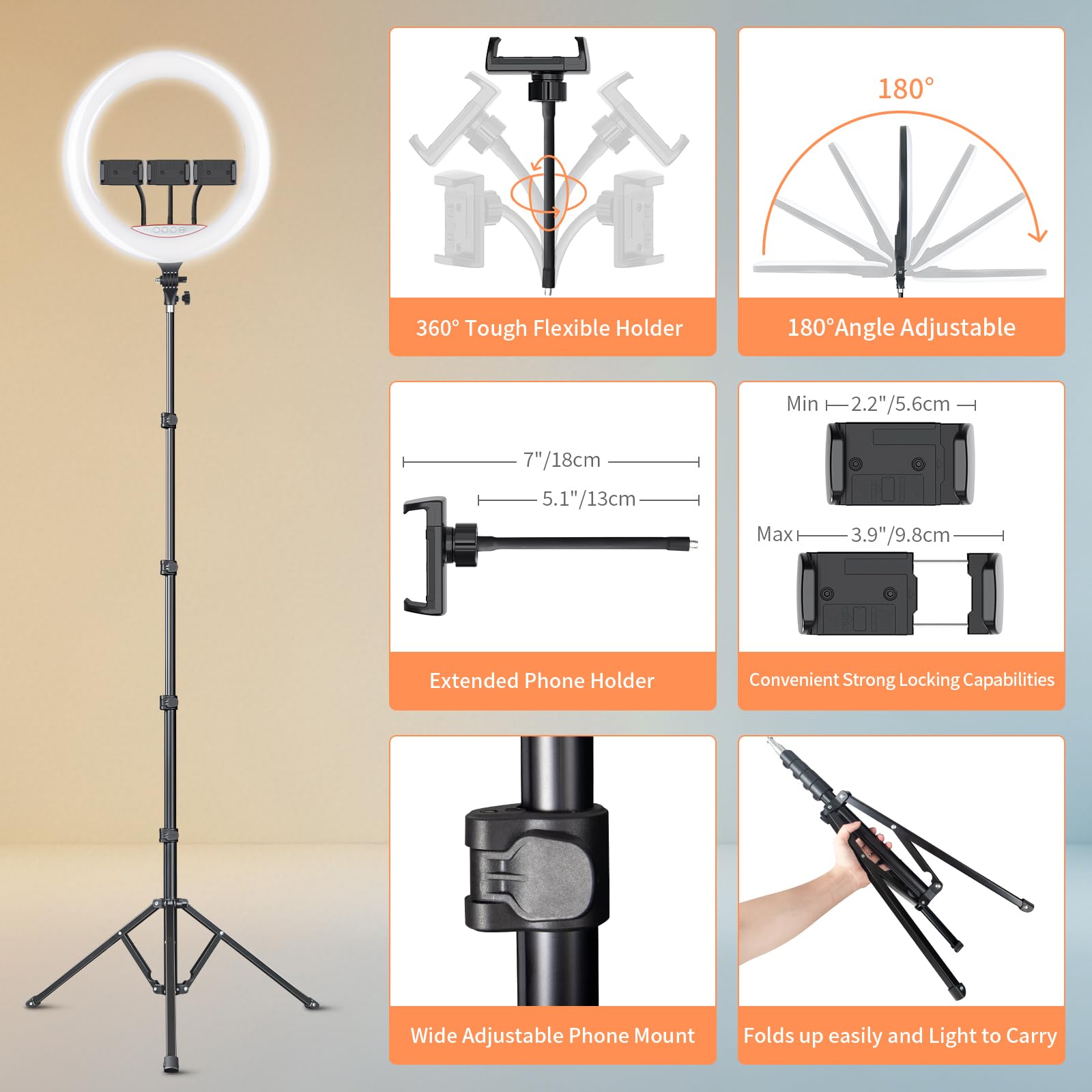 18 Zoll Ringlicht Groß mit Stativ Handy | 26 RGB-Modus Ring Light mit 3 Telefonhaltern, Dimmbar Ringleuchte für YouTube, TikTok, Streaming, Make-up, Kamera