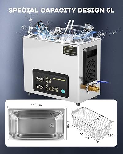 Miniatura 4 de FAHKNS Máquina limpiadora ultrasónica de 6L con calentador y temporizador, profesional AUTO diseñado ultra sónico para limpiar lentes de tablero