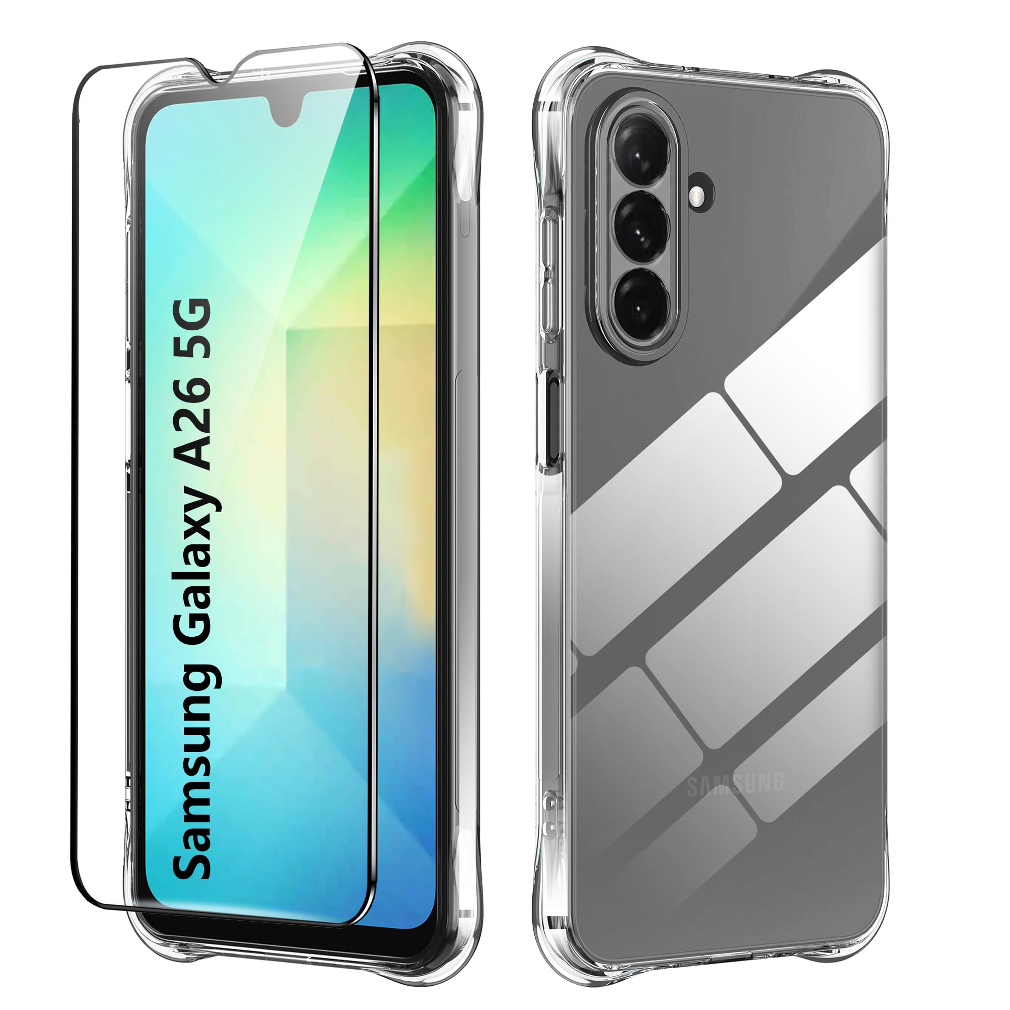 for Samsung Galaxy A26 5G Case, [Soft TPU] with Tempered Glass Screen Protector, Full Body Shockproof Slim Fit Bumper Protective Phone Case-Clear