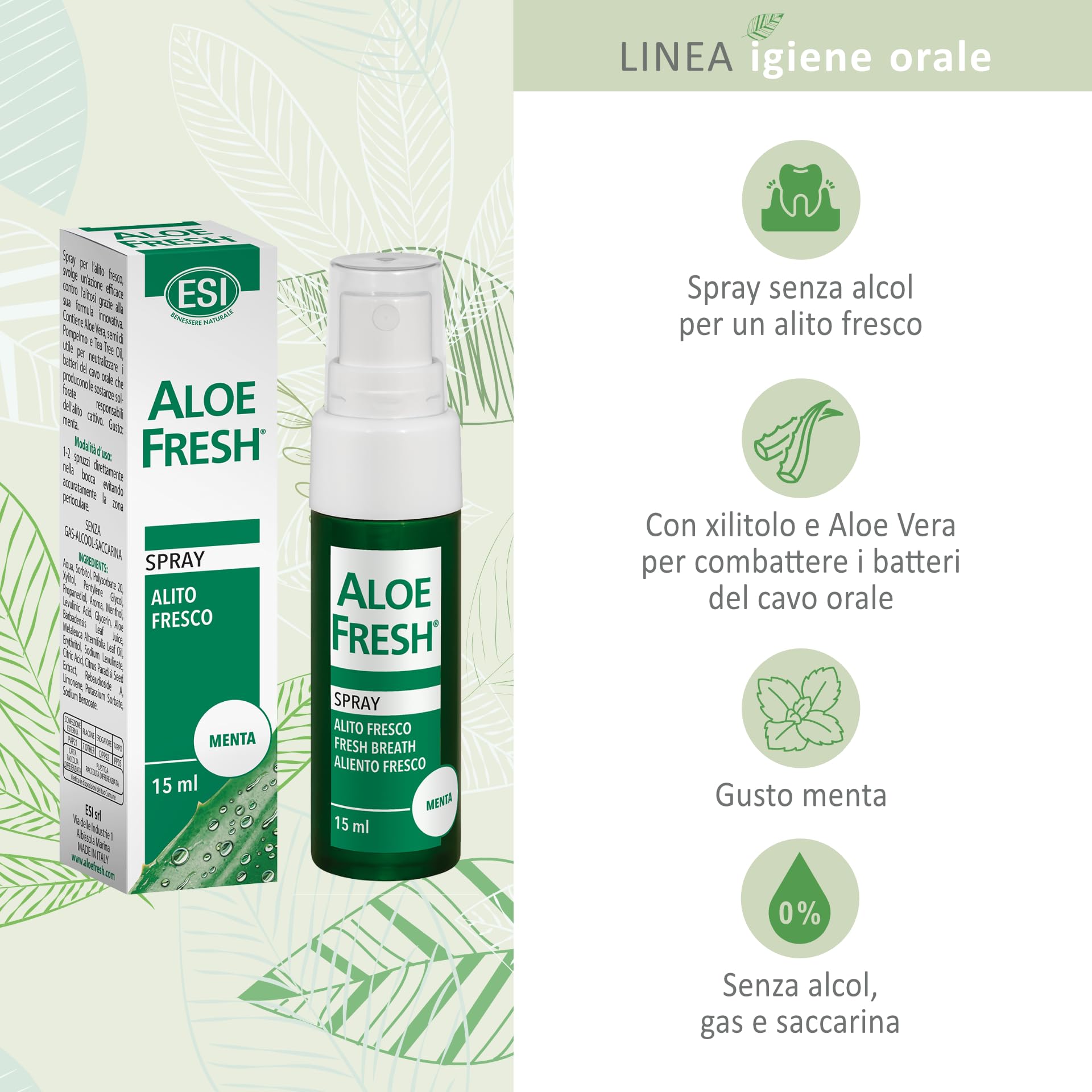 ESI - Alito Fresco Spray con Xilitolo e Aloe Vera, Combatte l'Alitosi Neutralizzando i Batteri del Cavo Orale Responsabili dell'Alito Cattivo, Gusto Menta, Senza Alcol, 15 ml