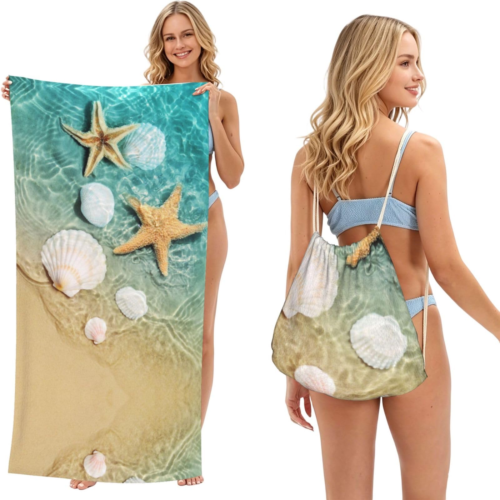 WSHFFILO Starfish and Seashell Pattern printed 2 in 1 Packable Towel Bag Bath Towel Beach Towel