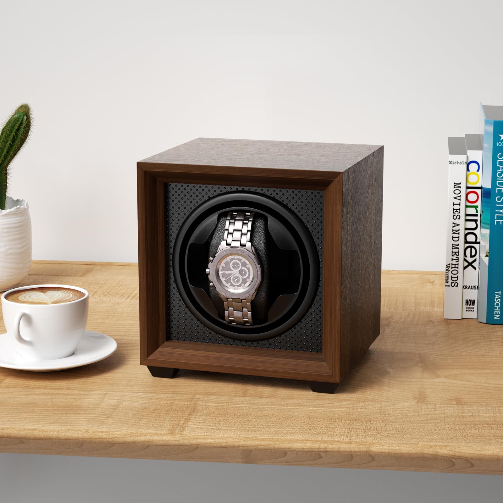 Newaner Caja para Dar Cuerda a Relojes mecánicos, automatico con Motor silencioso, 2 Ajuste Modos, Cuadrada y Color Nuez, con Puerto de Carga USB y Espuma viscoelástica