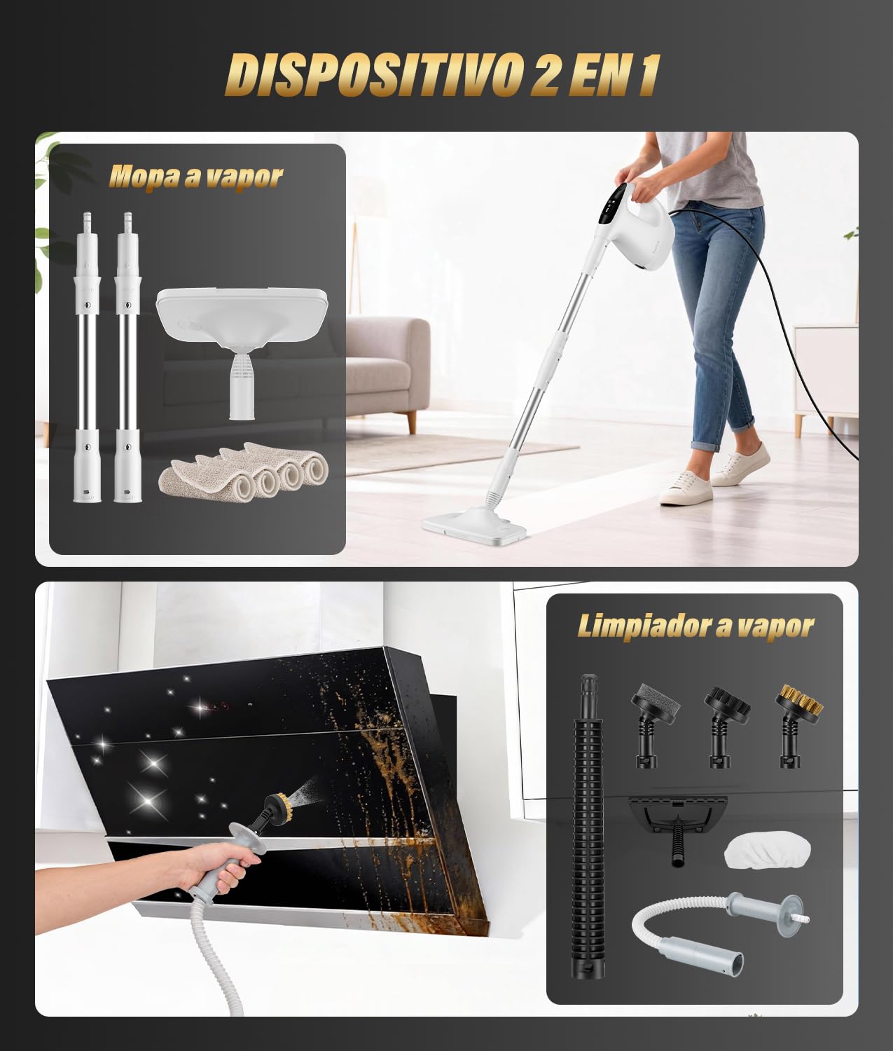 PAHTTO Limpiador a vapor con unidad de mano extraíble, 17 accesorios y depósito de agua de 500 ml, tiempo de calentamiento de 15 segundos, potencia de vapor regulable, para suelos, cocina y baño