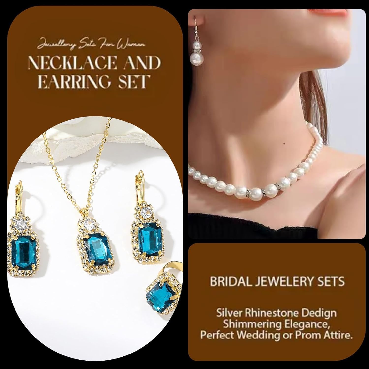 Harry and Henry Blue Jewelry Sets for Women Rhinestone Necklace Earrings Set for Wedding Jewelry Sets Statement Necklace for Brides Wedding Dangle Earrings - Image 5