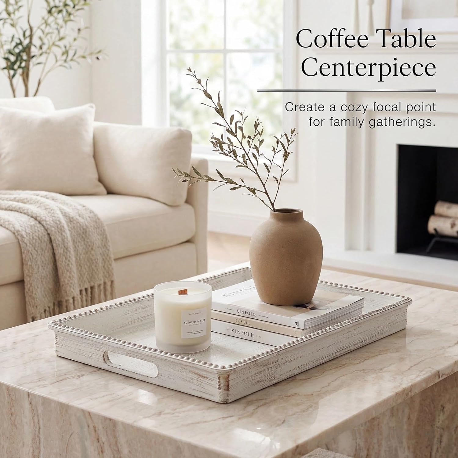 Zosenley Decorative Tray, Rectangular Plastic Tray with Handles, Modern Vanity Tray and Serving Tray for Bathroom, Kitchen, Ottoman and Coffee Table, 15.6” x 10.2” (Retro White)