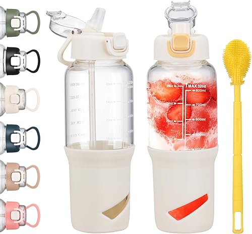 Miniatura 9 de SIEROZUR Vaso de vidrio de 32 onzas con popote, botellas de agua de vidrio con 2 tapas, tapa de boquilla con asa y tapa de pajilla, botellas de agua