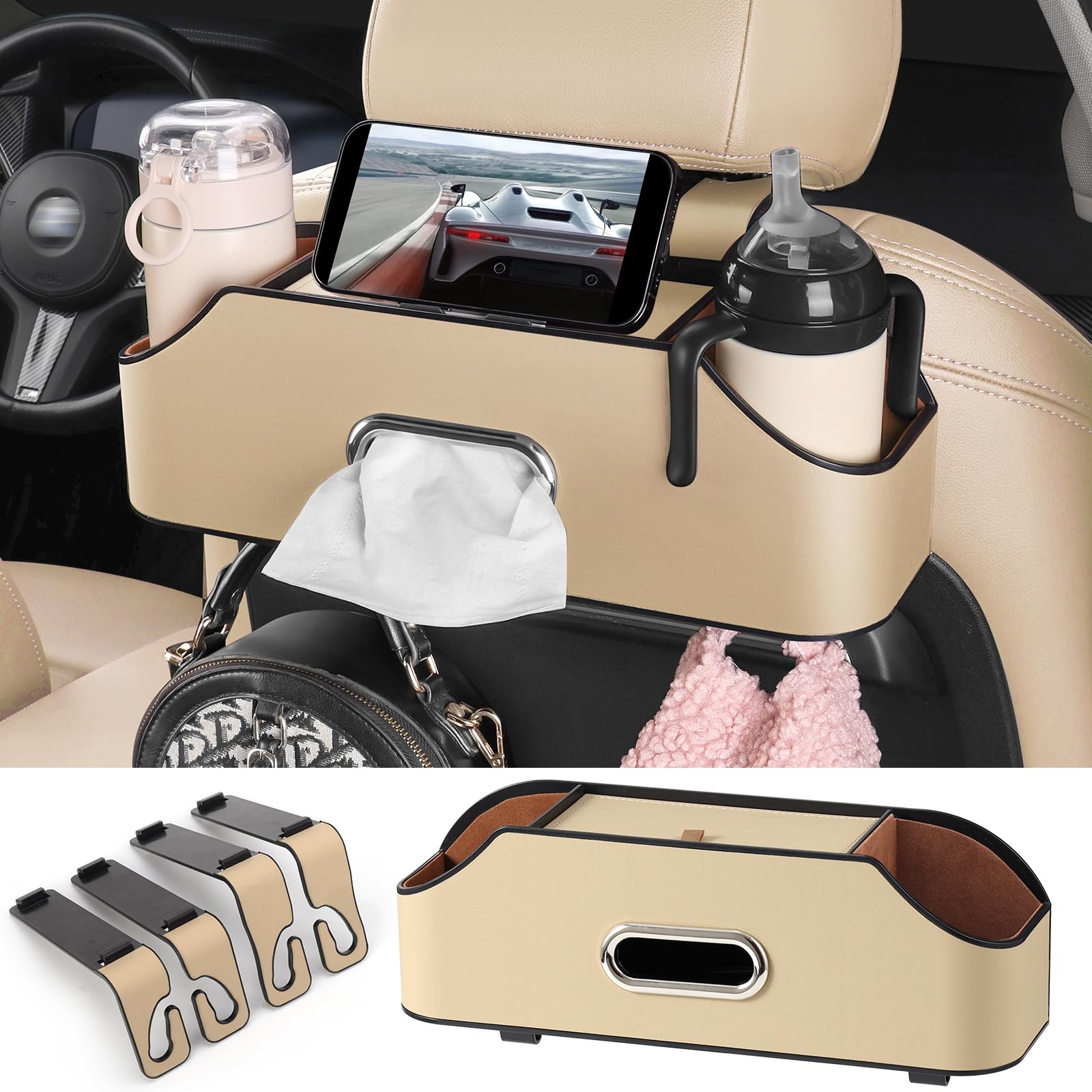 Car Rear Backseat Extra Multifunctional Drink Cup Holder Organizers with Tissue Storage Box Organizer & Hooks for Car Seat Back.Beige