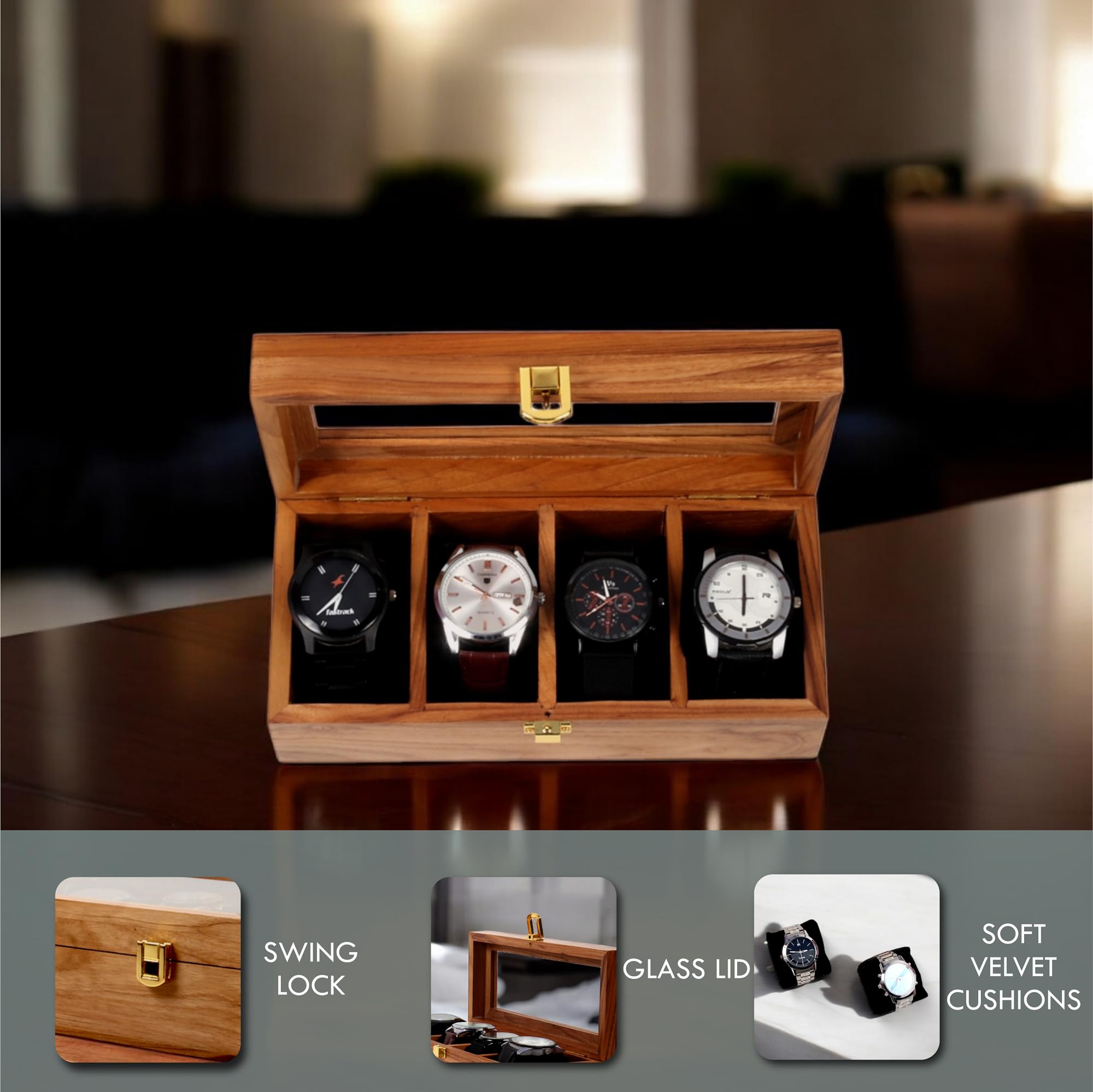 Caja de reloj de madera, organizador de almacenamiento, vitrina, soporte para joyas, regalo para hombres y mujeres, hecho a mano en madera de teca, de 4 a 12 ranuras, viene con