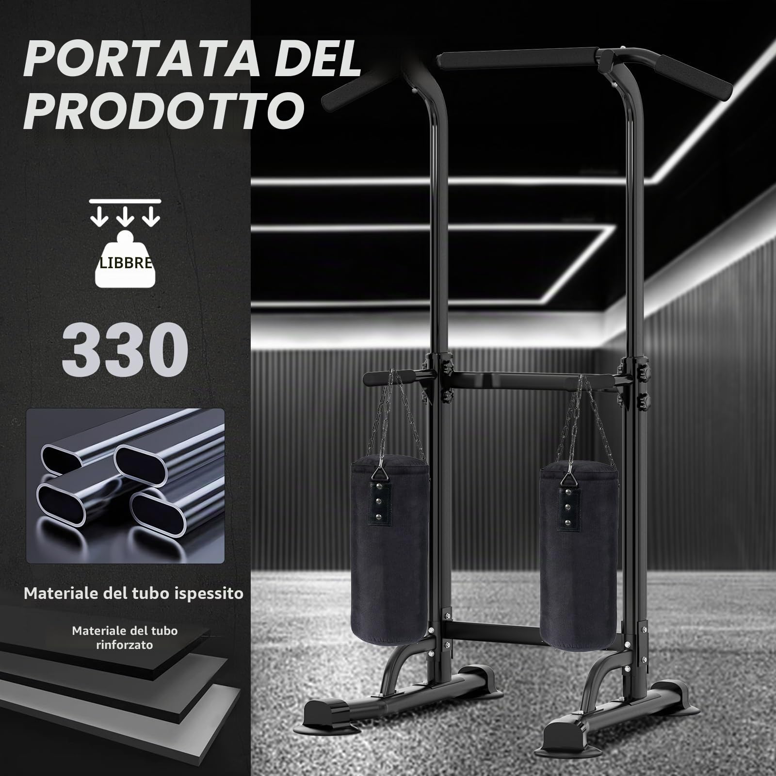 SDHYL Power Tower Dip Station Sbarra Sollevamento Impugnature per Flessioni Trazioni Addominale e Schiena Regolabile di Forza per Allenamento Fitness Adatto per Palestra Domestica Allenarsi