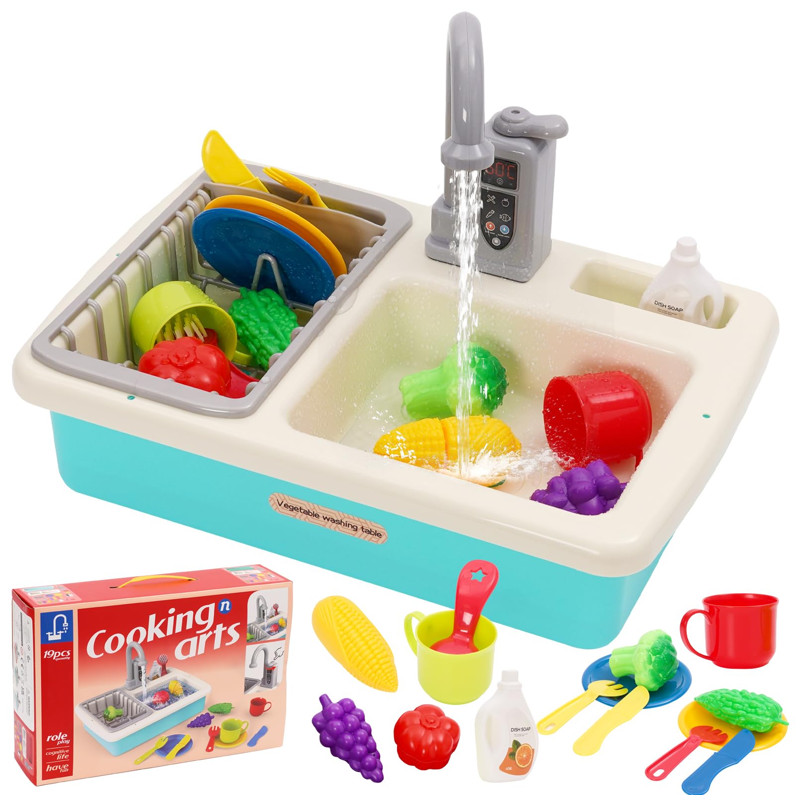 Kids Kitchen Play Sink Toy Set Pretend Role Plays Kitchen Toys Play Sinks with Running Water,PlayFood,Cutting Plays Dishwasher with Automatic Water Cycle System Blue