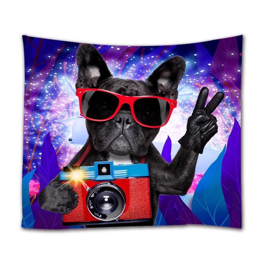 A.Monamour Cool Black Dog Taking Photos Using Camera Animal Themed Abstract Fluorescent Backgrounds Print Boho Hippie Mandala Wall Hanging Tapestry Wall Art Decors Fabric Tablecloth 180x200cm