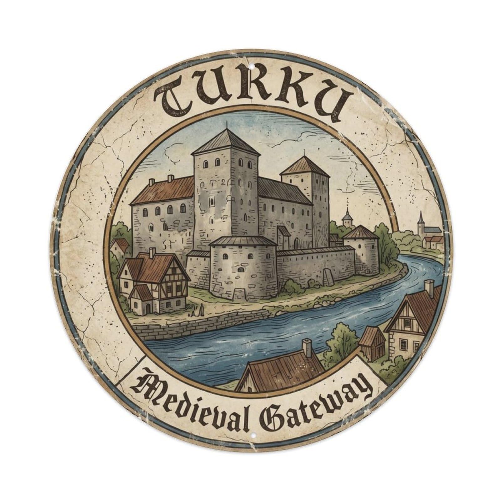 Vintage Travel Turku Finland Castle Metal Tin Sign Plaque Wall Decor for Cafe, Club Bar, Office, Home Garden Round Metal Poster 8x8Inch