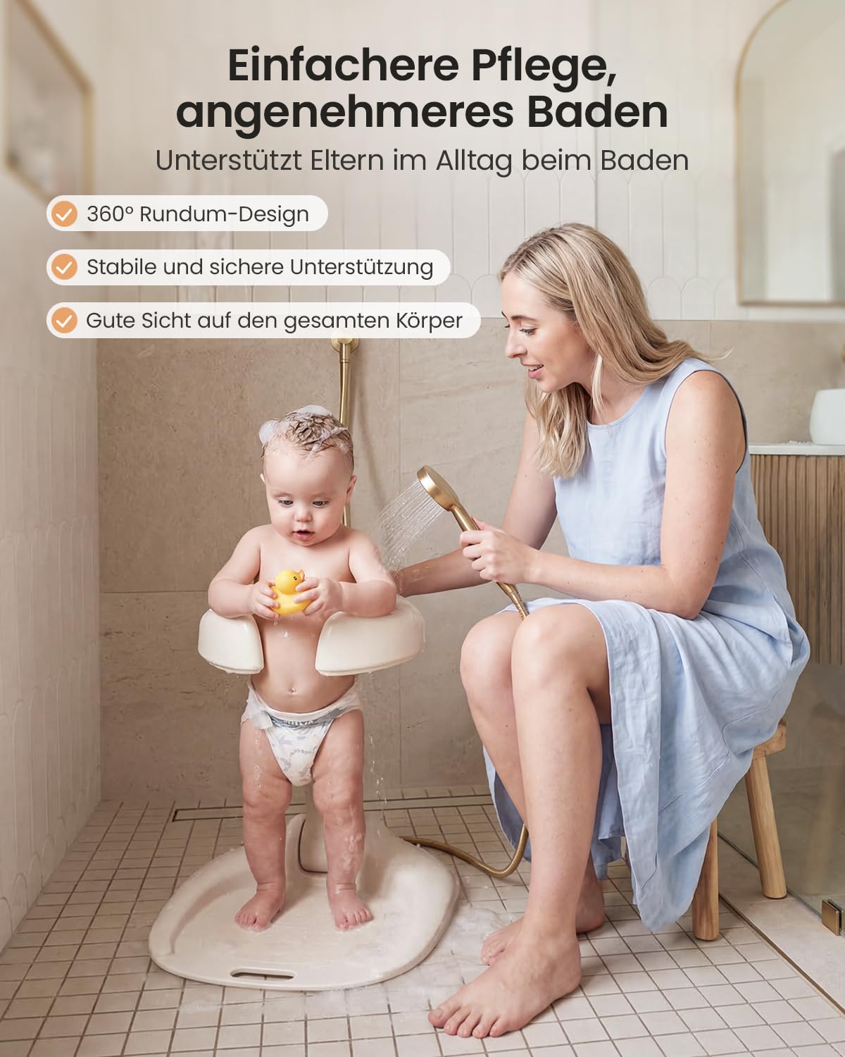 Grownsy Baby Dusche Ständer & Badewannenhilfe ab 6 Monaten, Faltbare Duschhilfe mit Verstellbarer Steh-Duschstütze und Anti-Rutsch-Basis