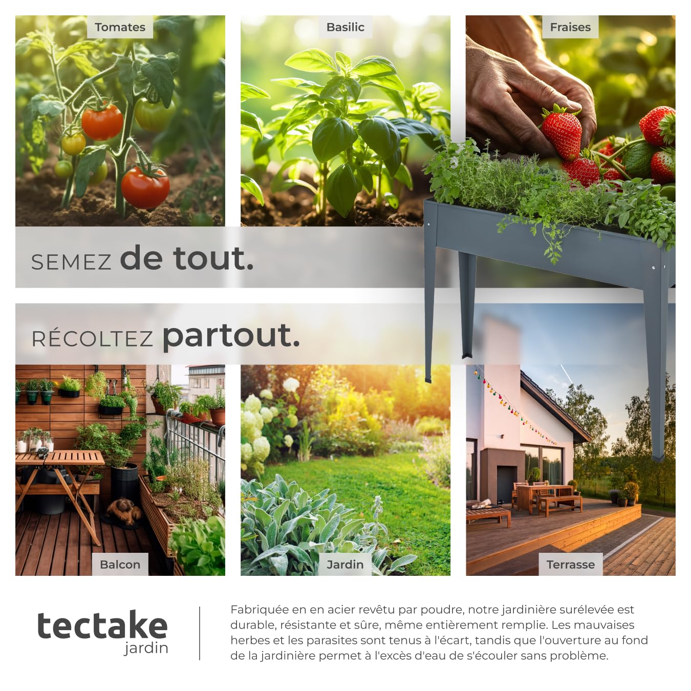 tectake® Potager de Jardin surélevé sur Pied 98,5x26x82,5cm, Lit de Jardin surélevé en Acier laqué, Bac à Fleurs rectangulaire Bac à semis Jardiniere sur Pieds idéal pour Amenagement Serre de Jardin